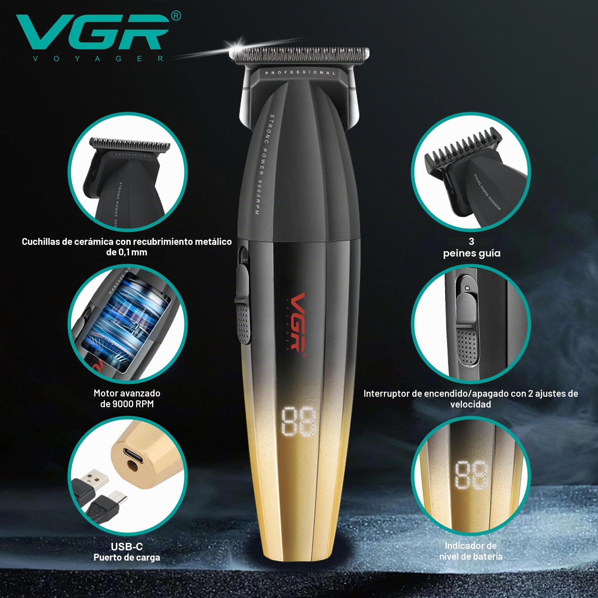 VGR Recortadora de pelo para hombre, inalámbrica, profesional, barbero, 9000 rpm, eléctrica, USB-C, recargable, batería de 240 minutos, DLC y cuchillas de cerámica para detalles de barba de precisión,