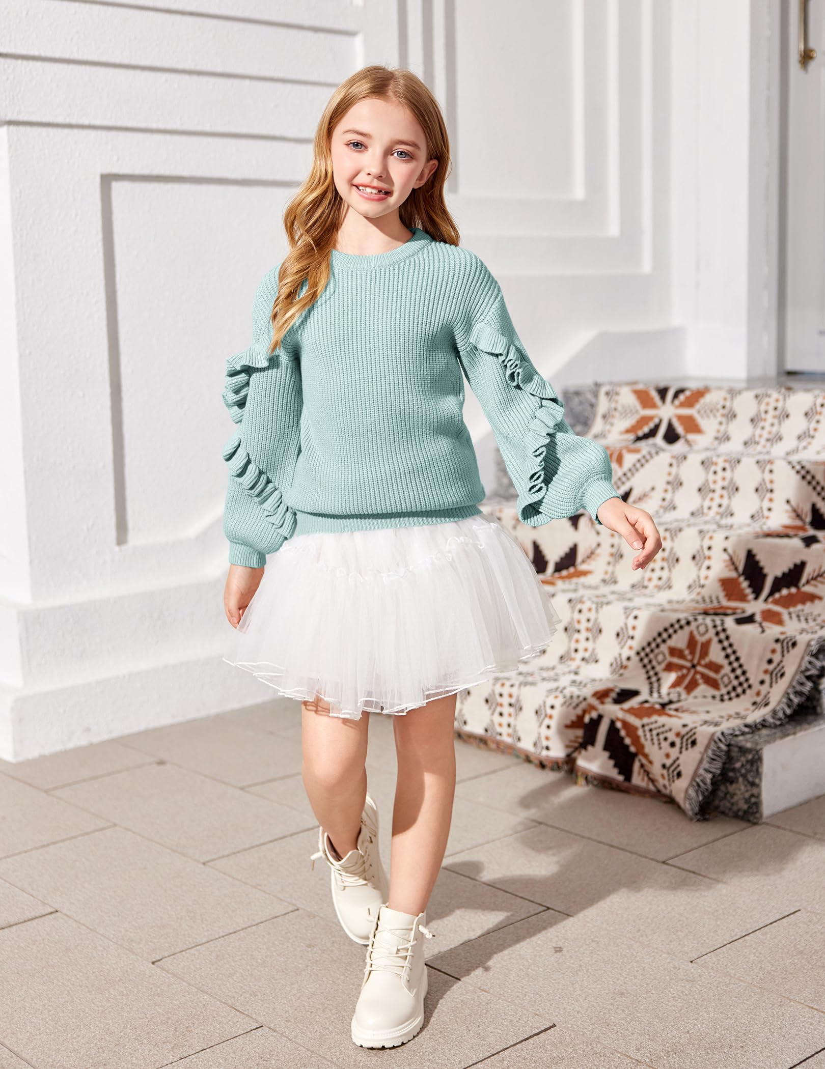 Arshiner Filles Pull Manches Lanterne Enfants Chaud en Tricot Manche Longue Col Rond Hiver Pulls pour Fille 7-14 Ans