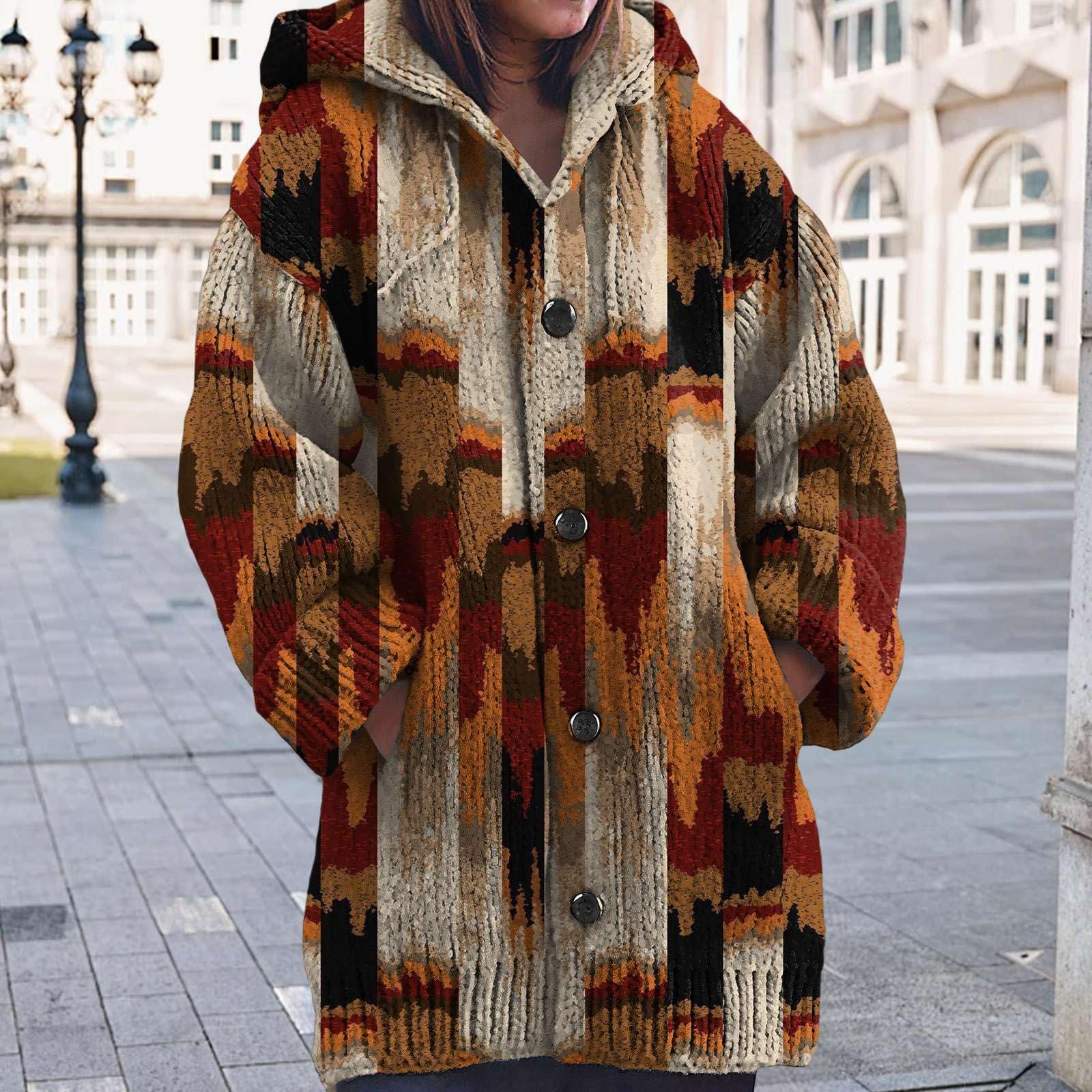Strickjacken Damen Langarm Kapuzenjacke Button Down Norweger Grobstrick