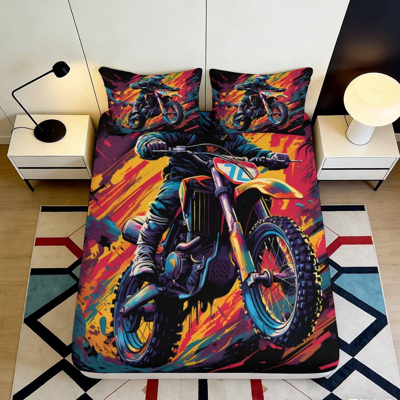 3D Printed Motocross Action Fitted Sheet Microfiber Soft Breathable Dirt Bike Bed Cover for Bedroom Dorm Decor 90x200x25cm