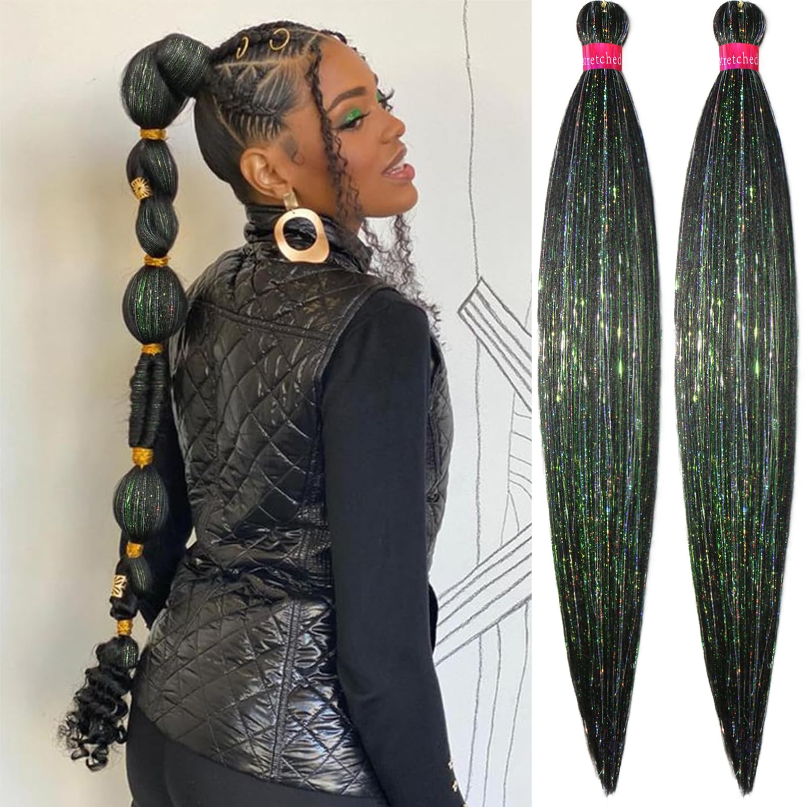 Black Pre Stretched Braiding Hair with Tinsel 30 Inch Box Braids 2 Packs Synthetic Crochet Braid Neat Yaki Texture Hot Water Setting Hair Extensions