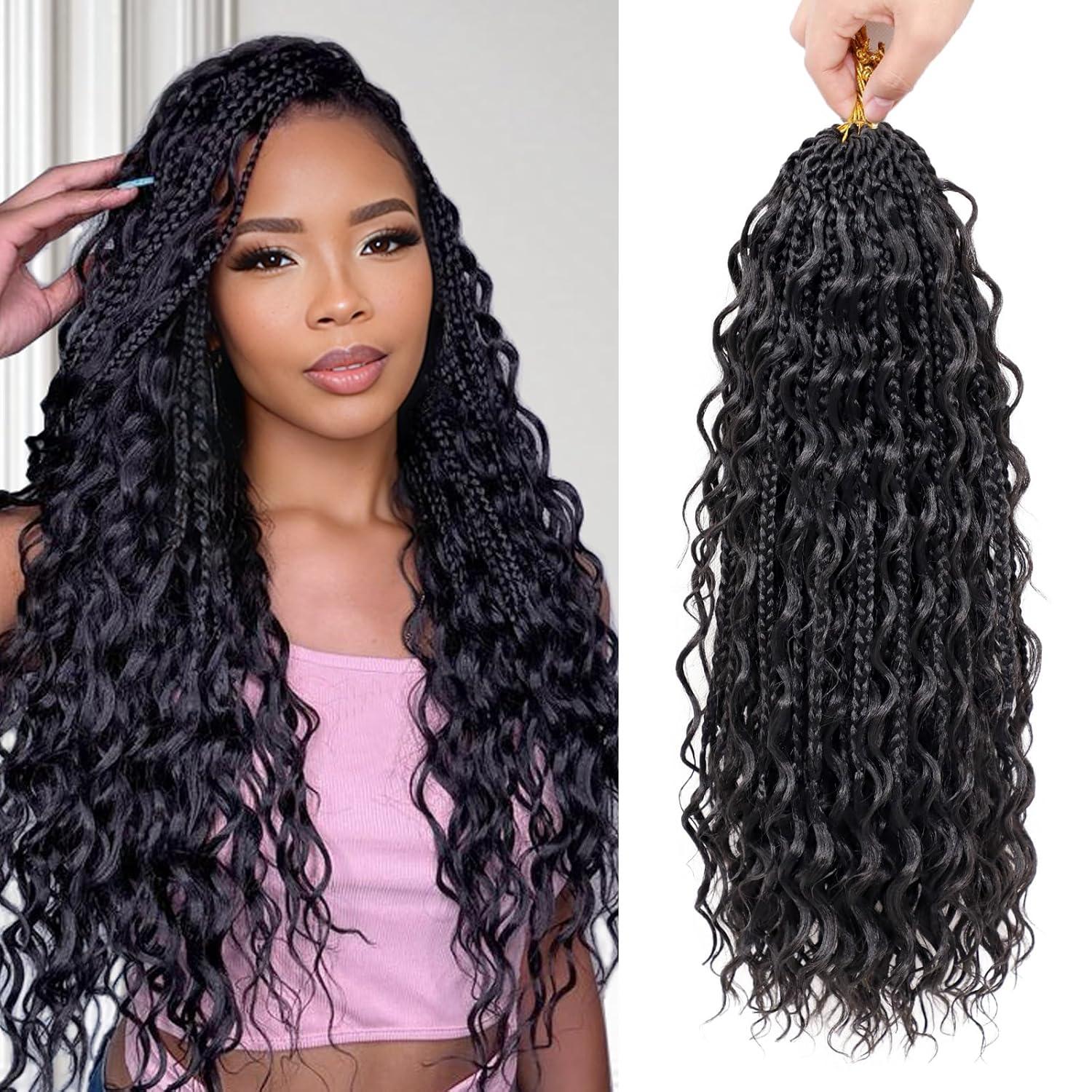Goddess Box Braids Crochet Hair for Women 18 Inch Pre-looped Boho Crochet Box Braids with Curly Ends 7 Packs Bohemian Synthetic Braiding Hair Extensions(18inch,#1B)