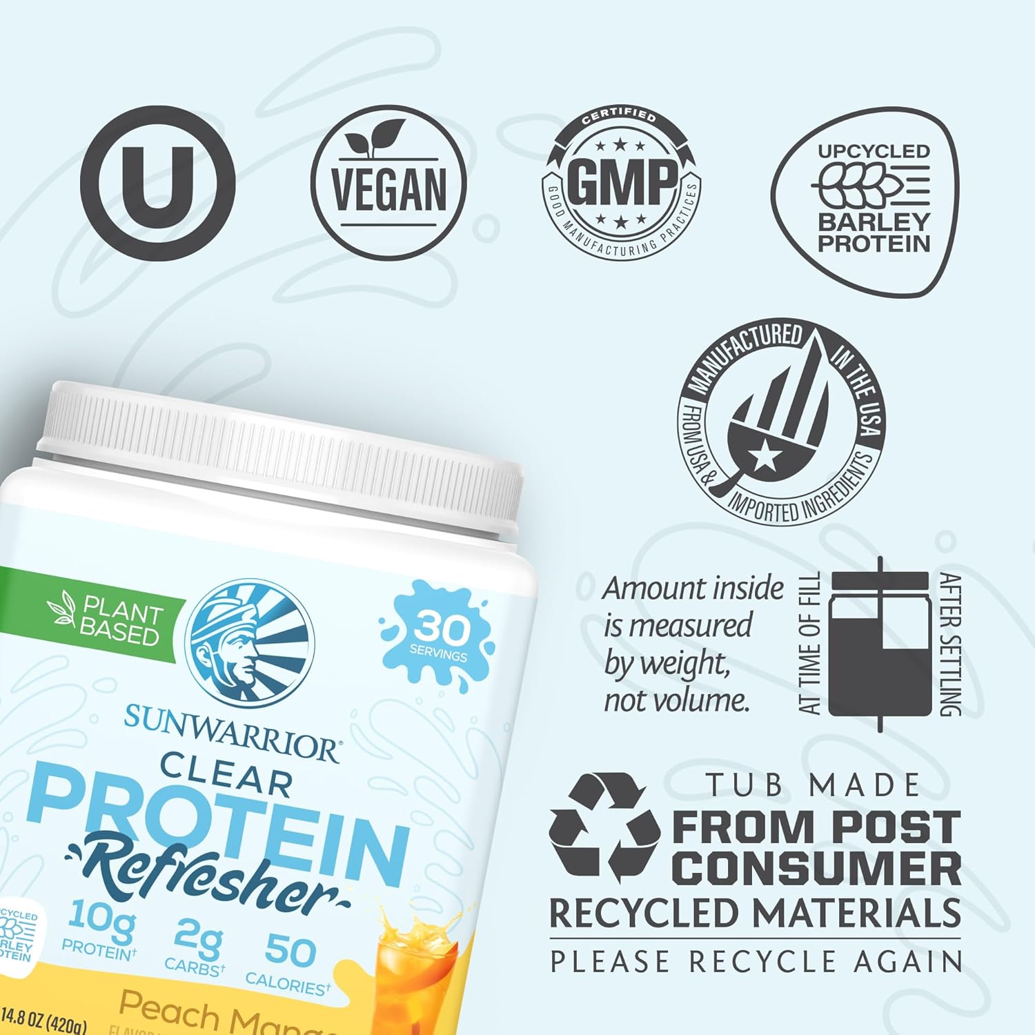 Sunwarrior Clear Protein Powder Plant-Based Water Mix, Vegan and Refreshing Protein and Hydration Supplement 10g Per Serving Peach Mango Flavored 420g Tub 30 Servings - Image 3