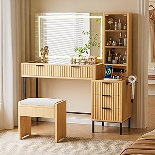 EOYUTLLY 48" Fluted Makeup Vanity Desk with 36" Mirror and Light,Glass Top Wooden Vanity Table with Charging Station,5 Drawers, 3 Adjustable Shelves & 3 Color Lighting Mode, Bedroom Dressing Table,Oak