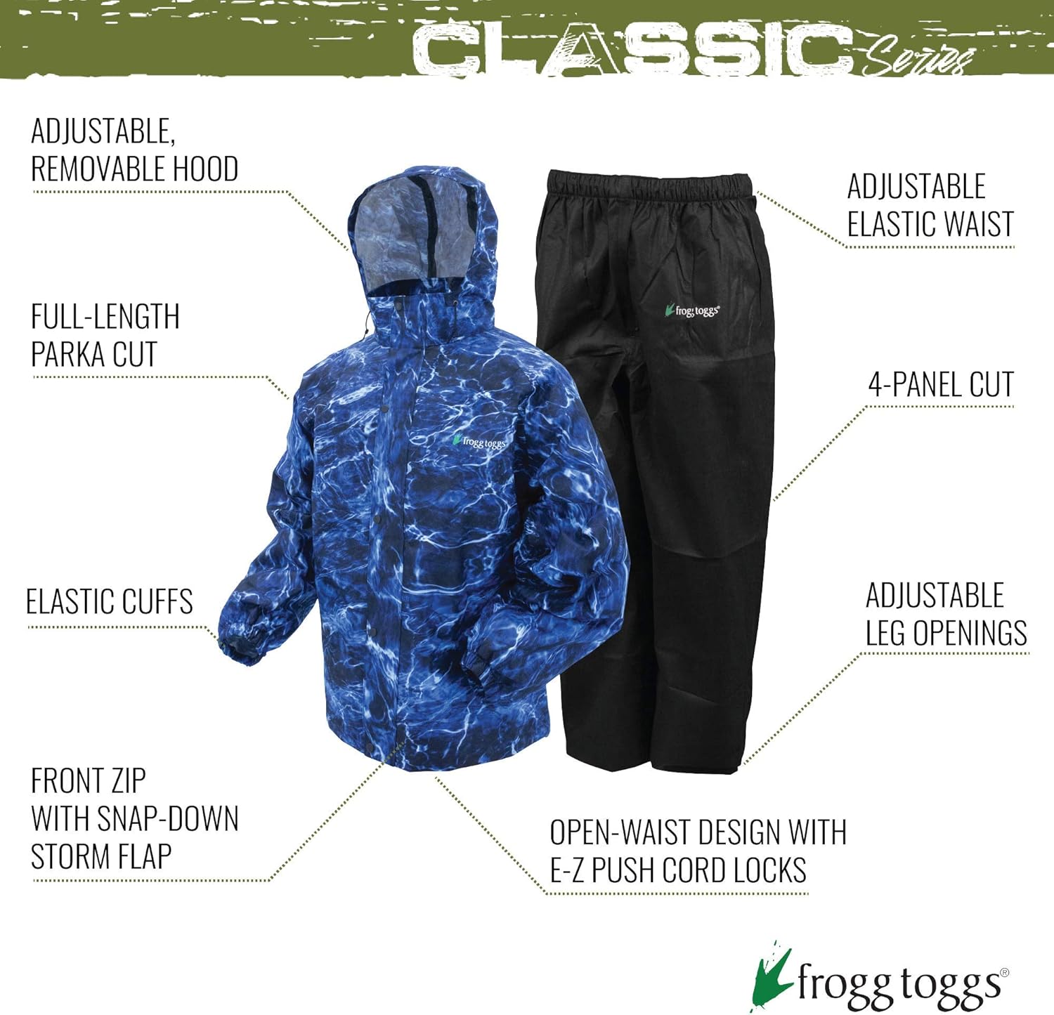 FROGG TOGGS Men's Classic All-Sport Waterproof Breathable Rain Suit Mo Blue Marlin/Black Pants 3X-Large