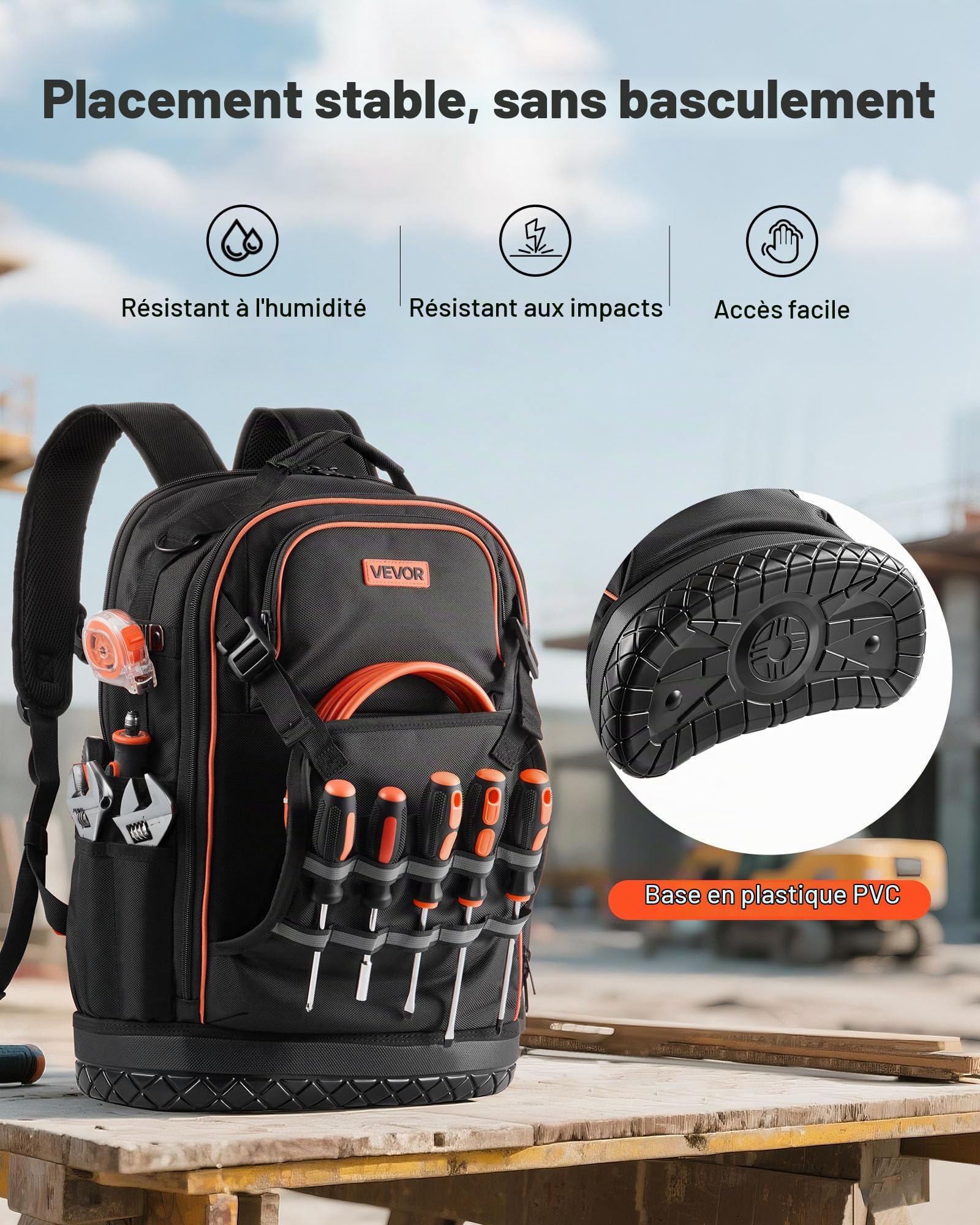 VEVOR Sac à Dos à Outils, Charge 31,75 kg, Sac à Outils 37x19,5x52 cm avec 65 Poches, Compartiment Ordinateur Portable, Base, Organisateur à Outil Robuste pour Chantier, Électricien, Réparateur CVC