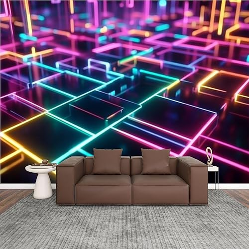 Miniatura 16 de Murales modernos para papel tapiz 3D de los años 80, neón, retro, Synthwave, 3D, laberinto, cubos, formas geométricas, despegar y pegar,