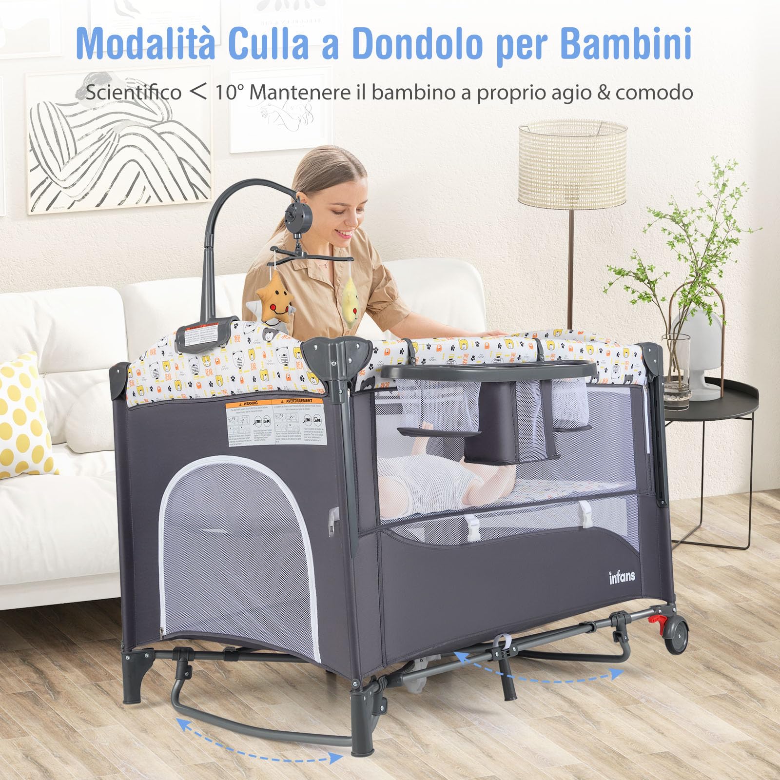 GYMAX Lettino Culla Fianco Letto, con Fasciatoio, Morbido Cuscino, Giocattoli Appesi e Spazio di Stoccaggio, Regolabile in Altezza, Box per Neonato, 2 Ruote e Borsa per Viaggio (Grigio e Giallo)