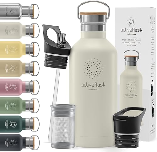 Botella de agua de acero inoxidable con pajita, infusor y 3 tapas: 18/32 oz a prueba de fugas aislado al vacío ACTIVE FLASK Botellas de beber frías