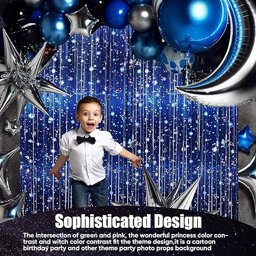 Miniatura 6 de Paquete de 5 cortinas de papel de aluminio espacial con temática de galaxia, cortinas de oropel metálico con flecos, accesorios para cabina de