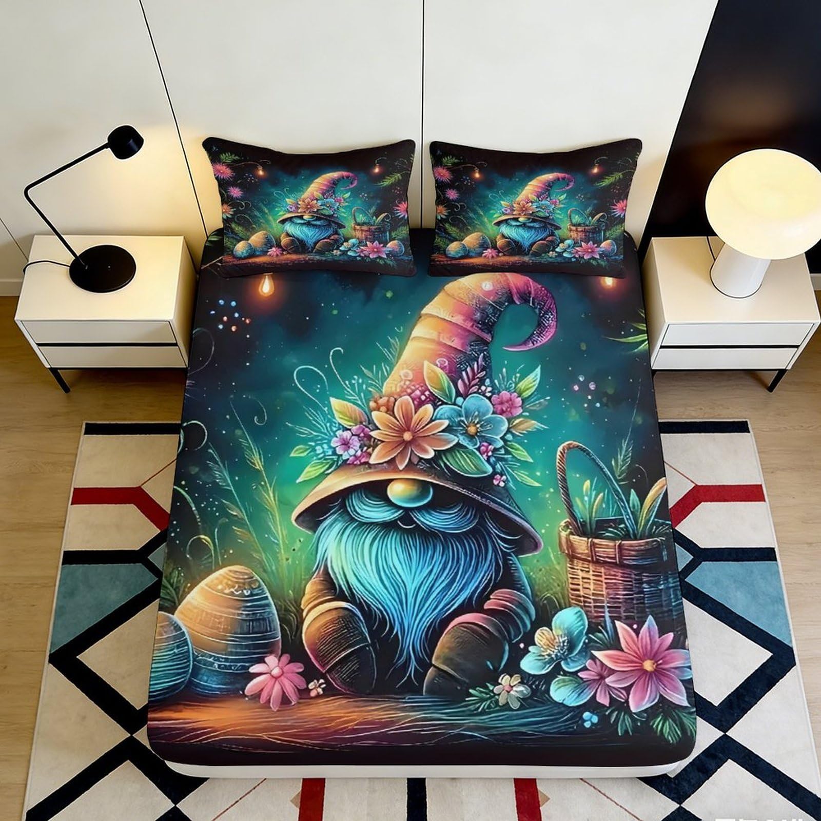 3D Printed Garden Gnome Fitted Sheet Microfiber Deep Pocket Home Bedding Garden Gnome Mattress Fitted Cover Full Wrap for Adults 90x200x25cm