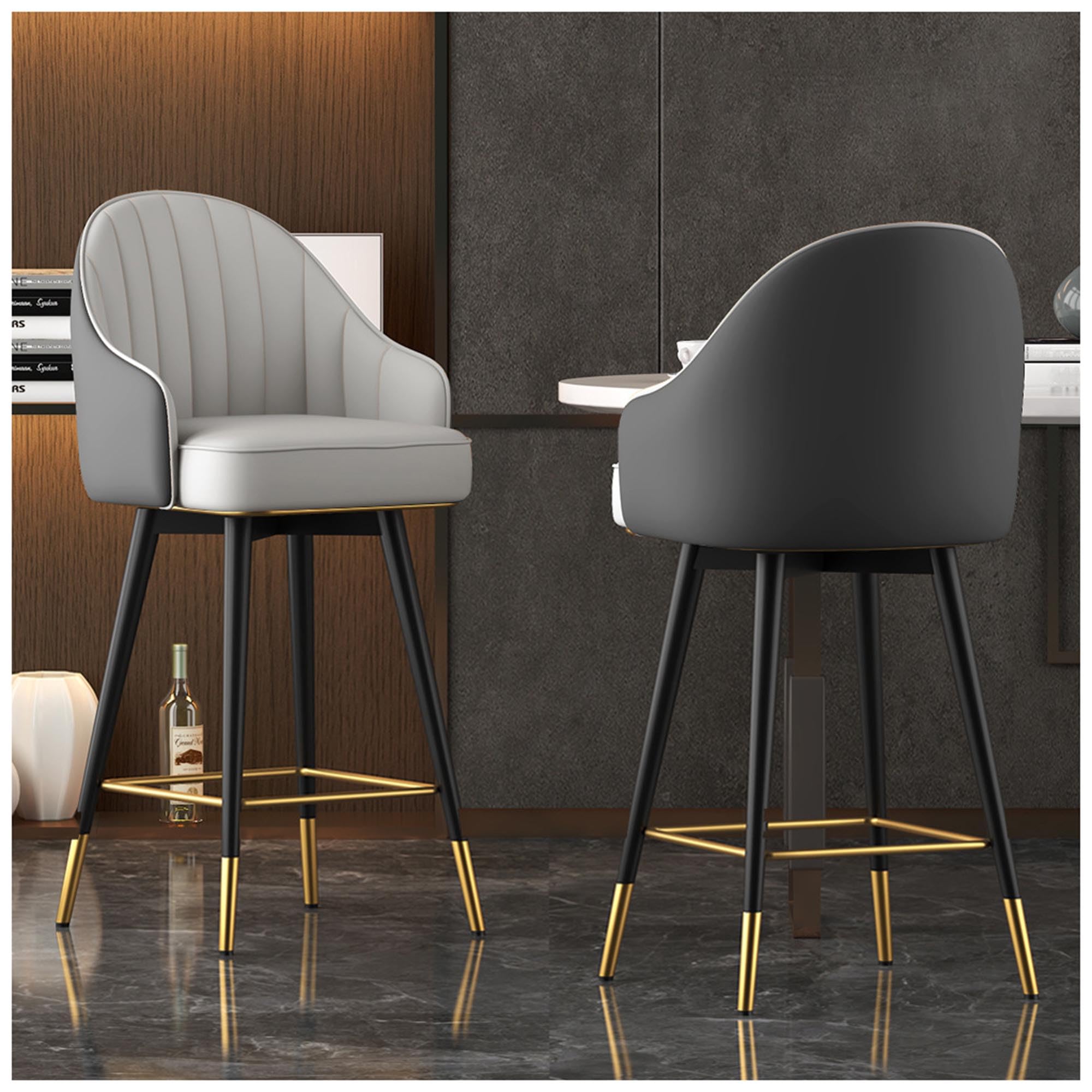 Taburetes de bar de cuero giratorios de 360° con respaldo y reposapiés, perfectos para cocina, isla, comedor, cafetería, barra de desayuno, elegante asiento de altura de mostrador