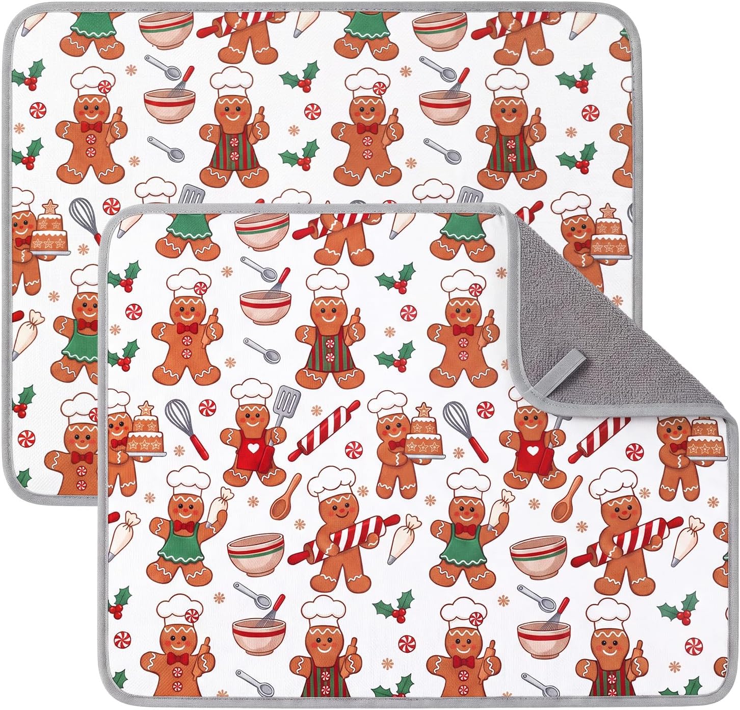 2 Pcs Gingerbread Chef Dish Drying Mats, Christmas Kitchen Decorations