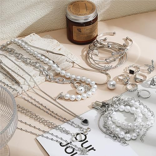 Miniatura 2 de 35-53 Pcs Silver Gold Jewelry Set for Women 12-30 Pcs Rings 4-7 Pcs Necklace 11-14 Pcs Bracelet and 5-16 Earring, Indie Stackable Vintage Boho Pearl