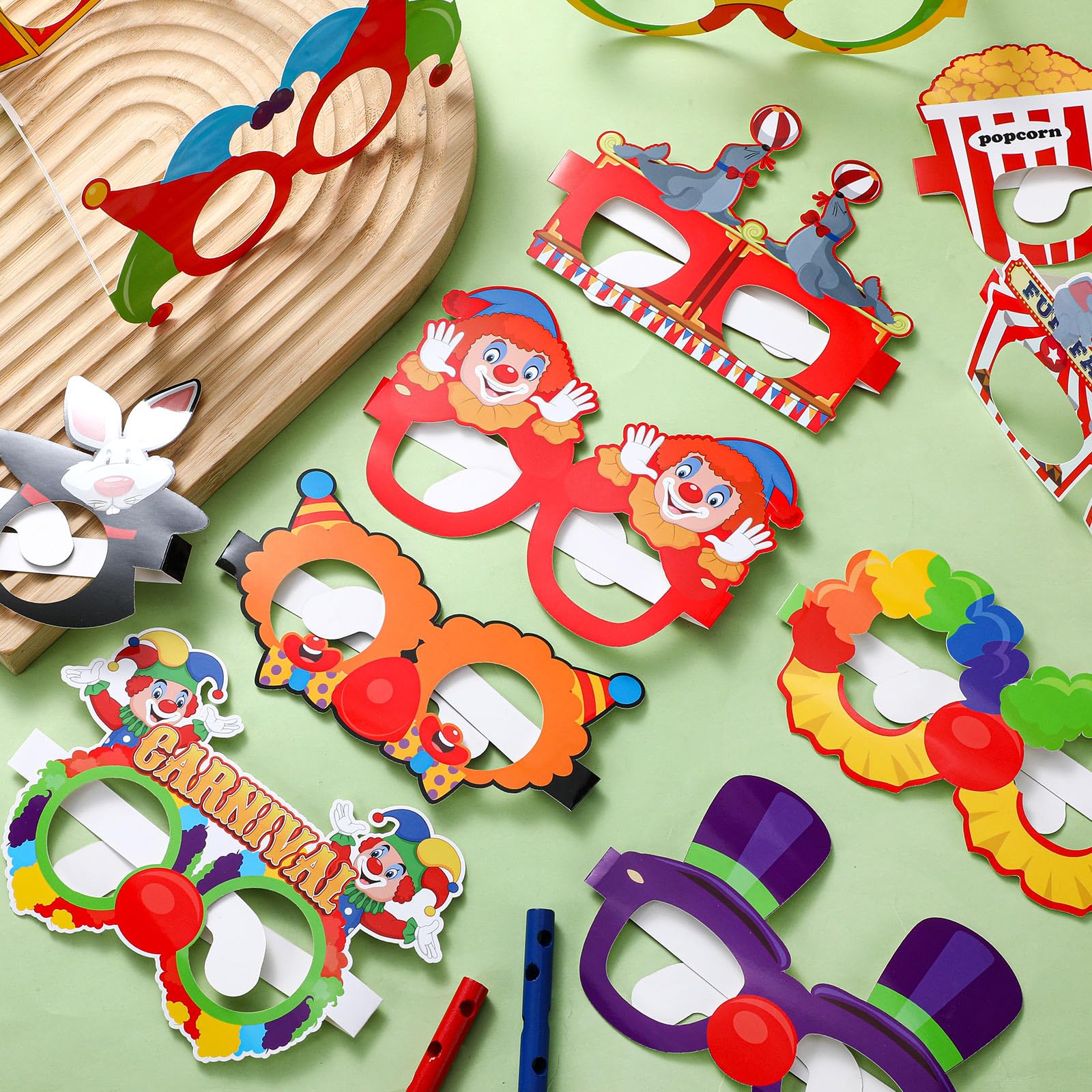 24 gafas de papel para carnaval de circo, para fiestas temáticas de circo, anteojos de papel, circo, carnaval, fiesta, fotomatón, kit de accesorios para decoración de carnaval para niños,