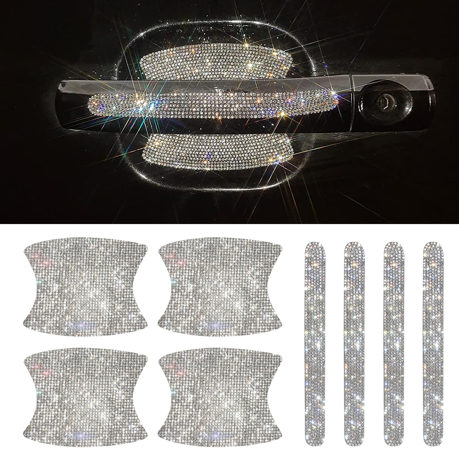 8 PCS Bling Car Door Handle Protector, Rhinestone Car Stickers, Door Handle Protector Decals, Women Car Accessories, Universal for Car (White)