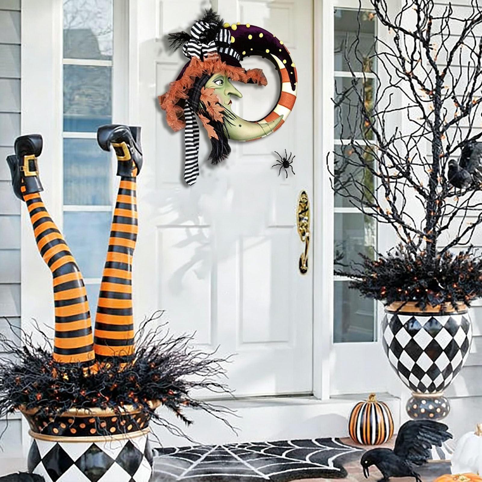 Wiszący Wieniec Drzwiowy Halloween z Figurą Wiedźmy na Przedni Ganku