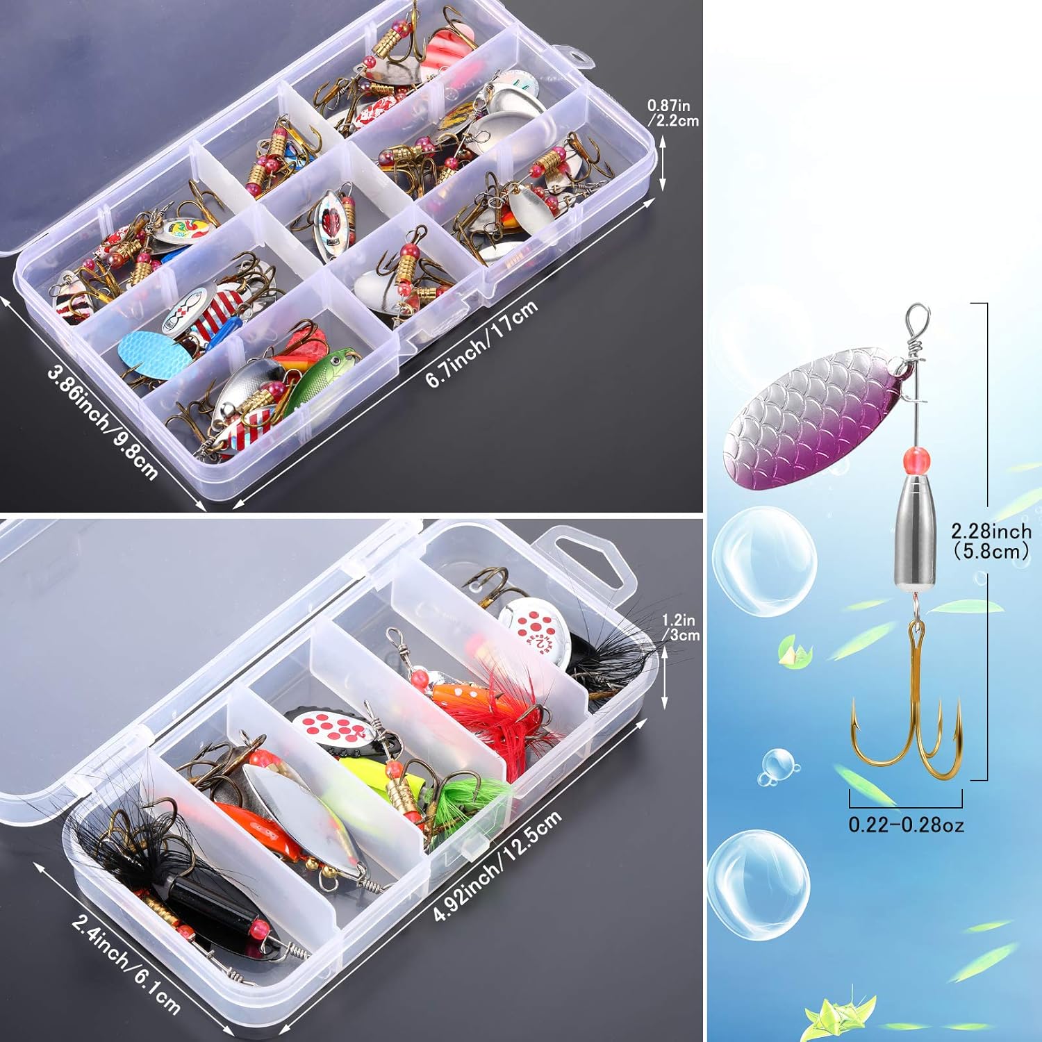 Skylety 40 Pcs Fishing Lure Hard Metal Colorful Spinner Baits with Tackle Box Trout Spoon Fishing Lures for Bass Pike Walleye Trout Salmon
