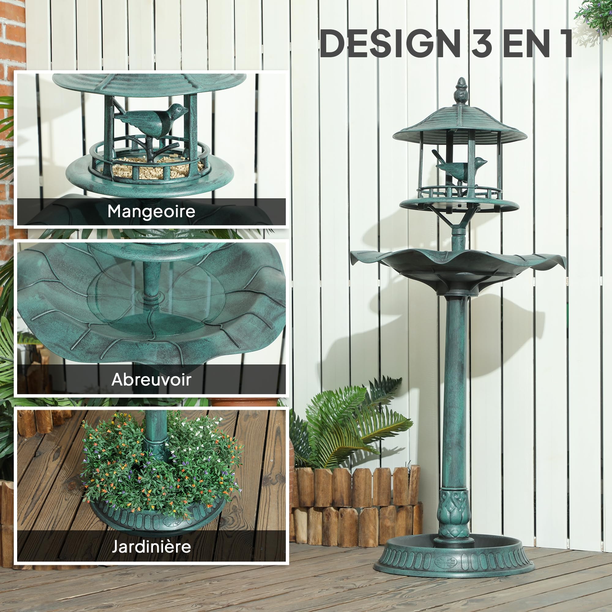 Outsunny Vogelbad Vogeltränke Vogeltränke Blumenkasten 3 in 1 Abm. Ø 50 x 113H cm Polypropylen grün-grau