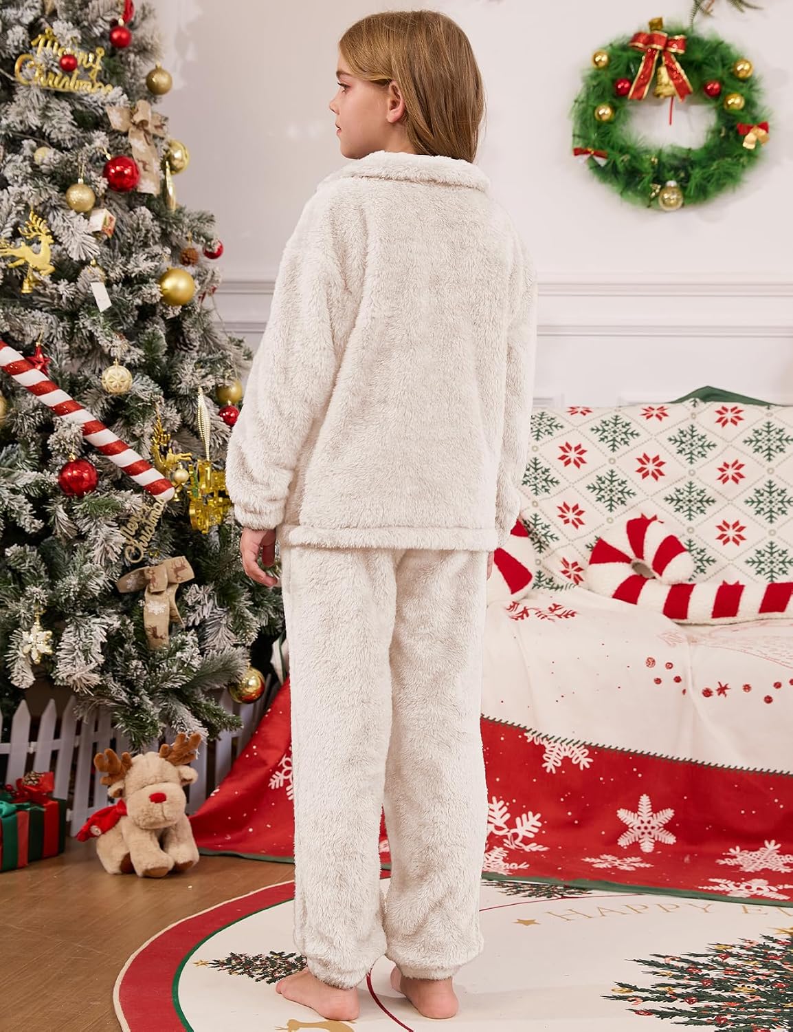 Flygo Girls Fuzzy Pants Sets Kid 2 Piece Winter Fleece Outfits Stand Collar Zip Up Sweatshirts Fluffy Sweatpants with Pockets