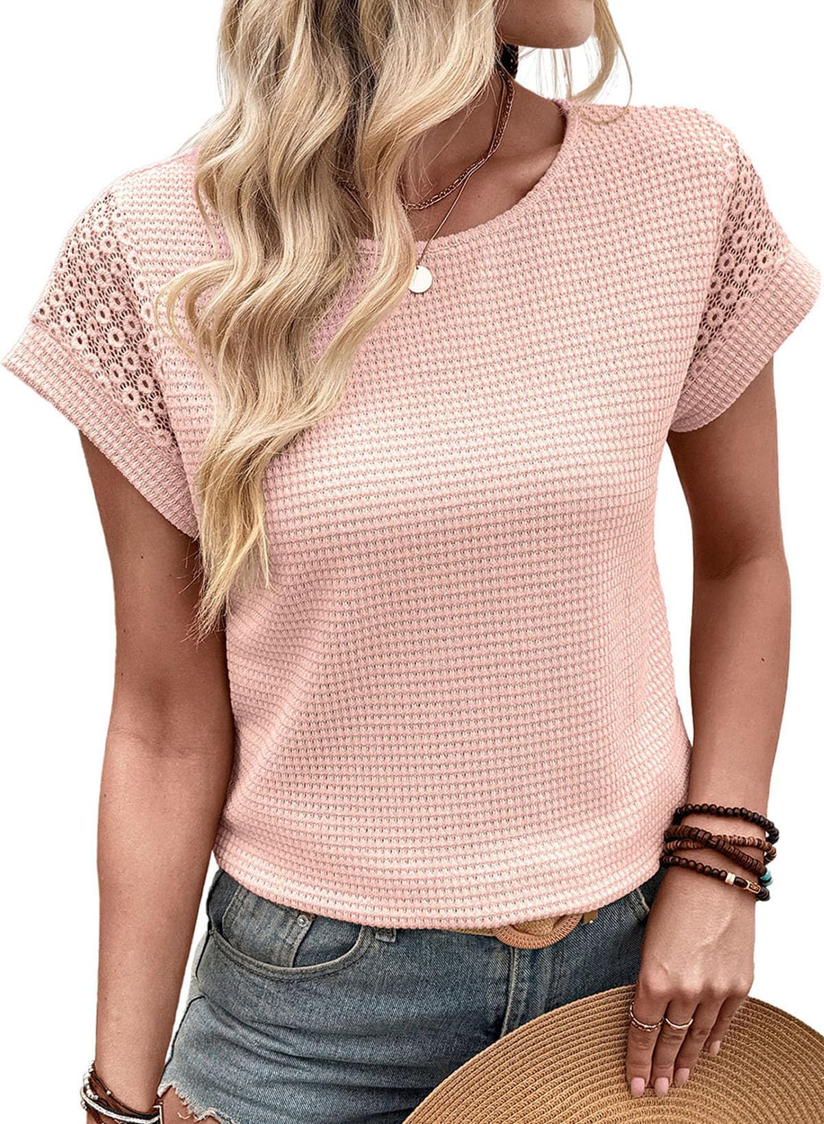 Dokotoo Damen T-Shirt Sommer Kurzarm Bluse Rundhals Spitzen Flügelärmeln Blusenshirt Basic Einfarbig Lose Oberteile Shirts Top S-2XL