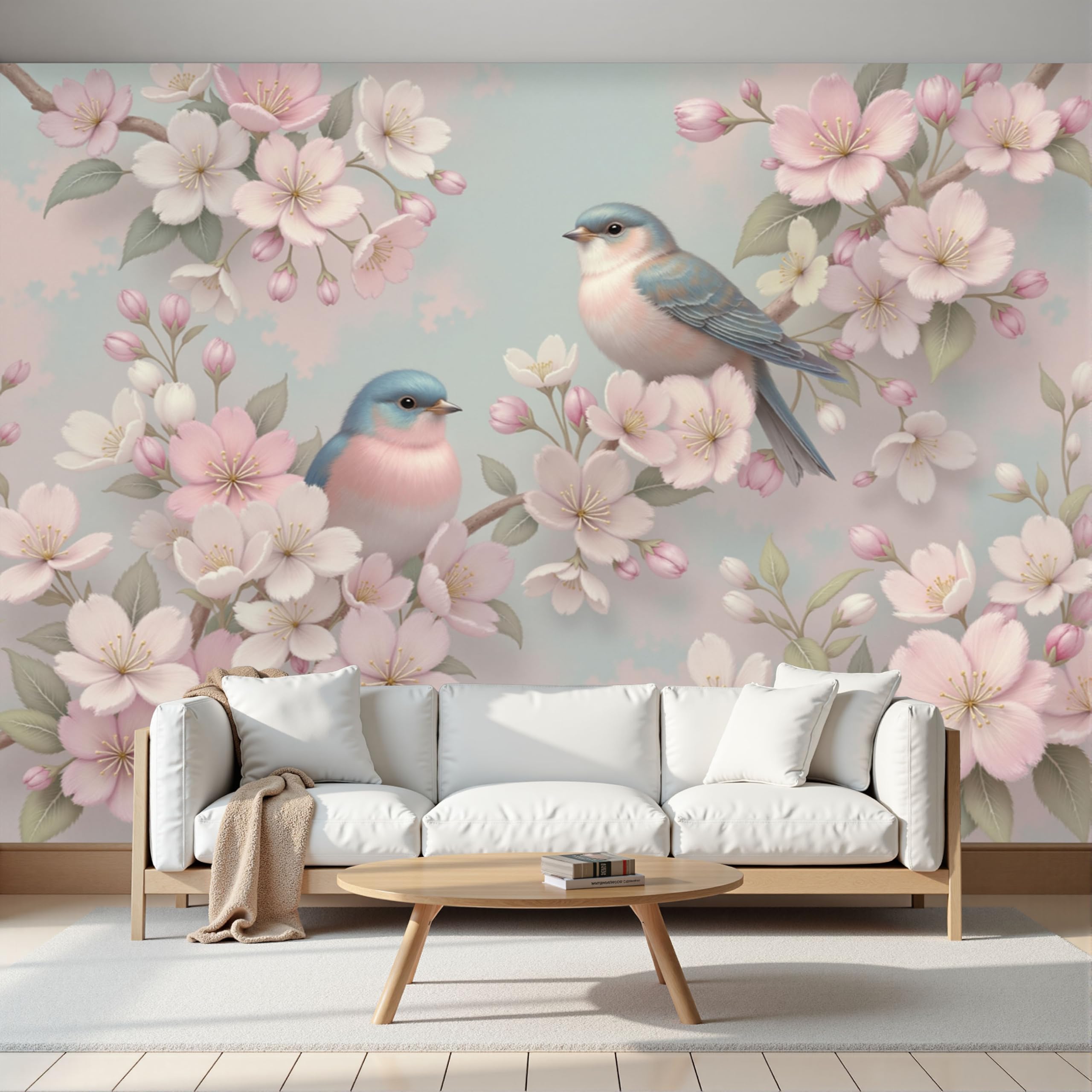 Fleurs de cerisier papier peint 3D panoramique oiseaux vintage pour chambre parentale cosy