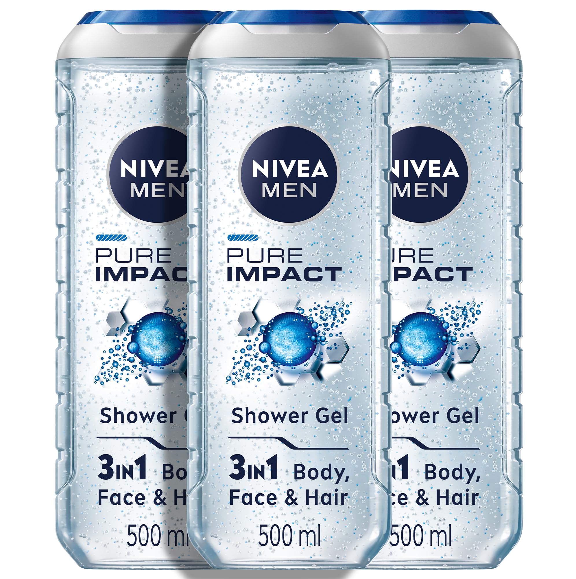 NIVEA MEN 3in1 Shower Gel, Pure Impact Fresh purifying+ minerals body face & hair thorough cleansing Scent, 3x500ml