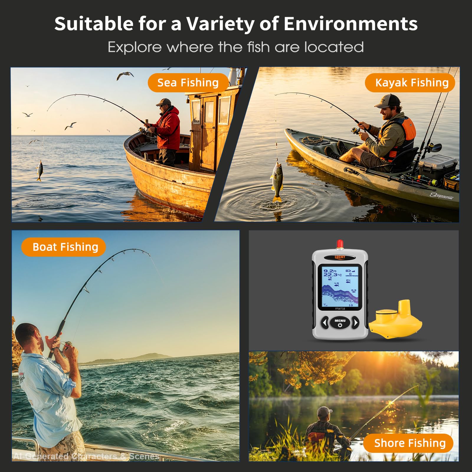 LUCKY Sondeur de Pêche sans Fil avec Mesure de la Profondeur de l'eau Sondeurs Portables pour Kayak Capteur Sonar Écran LCD Sondeur de Pêche pour Bateau pour la Pêche en Kayak Depuis Le Bord FFW718