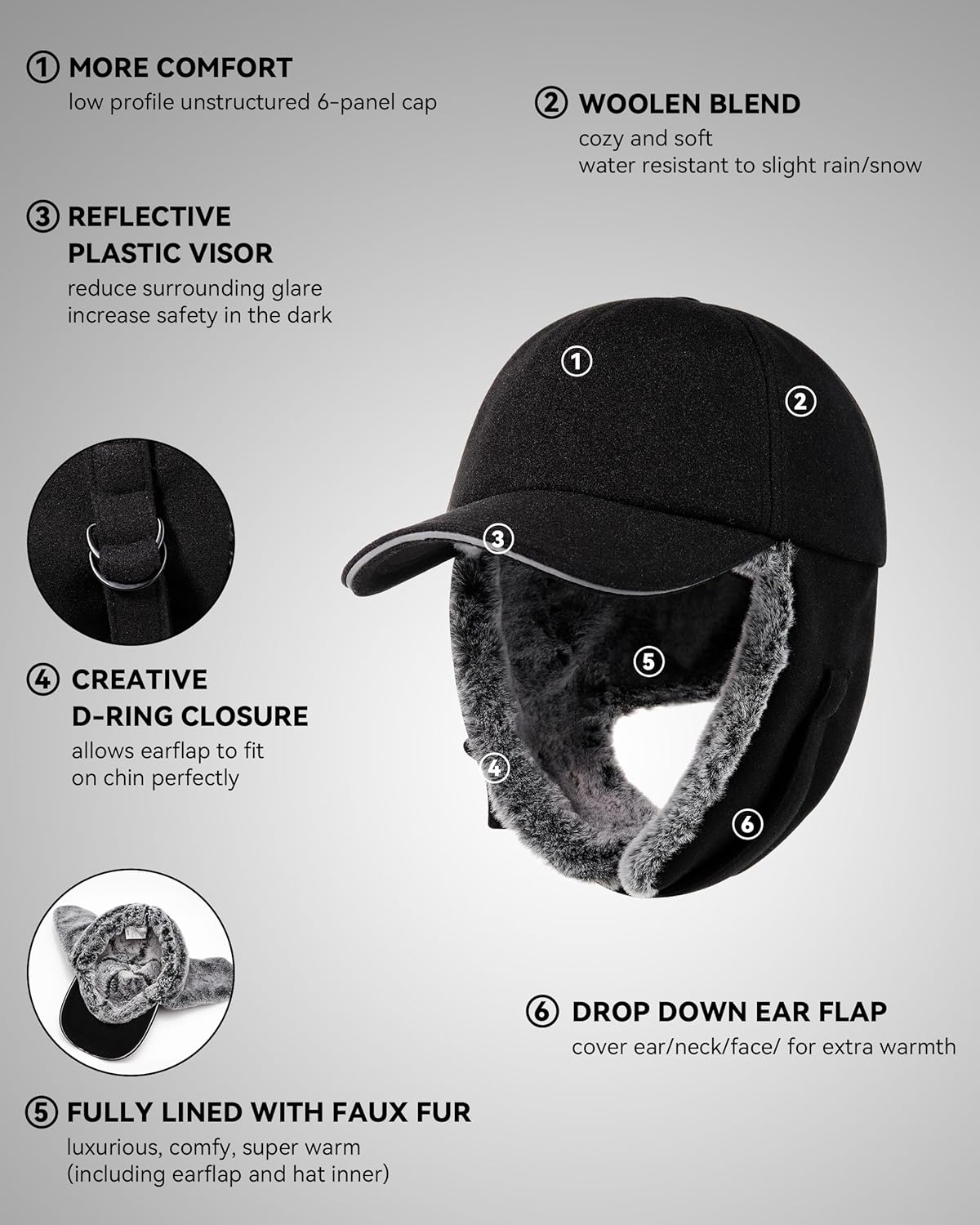 Gisdanchz Faux Fur Lined Wool Blend Baseball Cap with Long Earflaps, Baseball Cap Style Bomber Hat for Cold Weather - Image 2