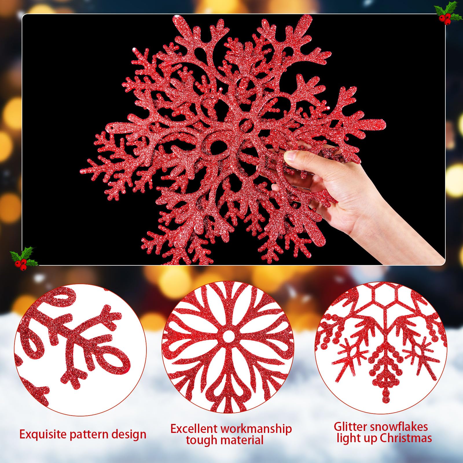 Lot de 24 flocons de neige géants à paillettes en plastique avec fil en nylon de 50 m pour décoration intérieure, extérieure et de Noël (rouge)