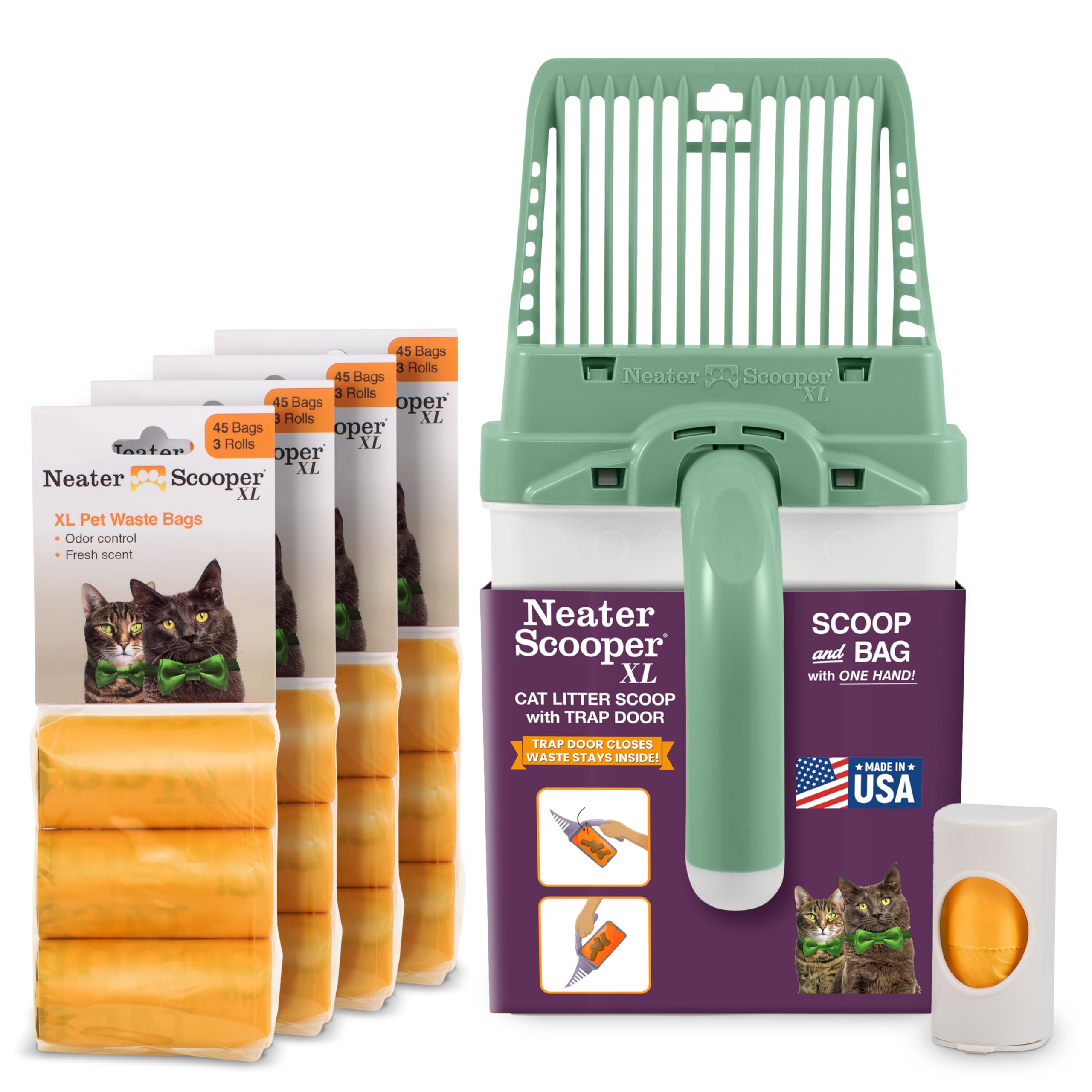 Neater Pet Brands Neater Scooper XL Cat Litter Scoop, 195 Refill Bags – Extra-Large Capacity Mess-Free Cat Litter Scooper with Bag for Large &amp; Multiple Cats, Spill-Proof Litter Box Scooper with Holder