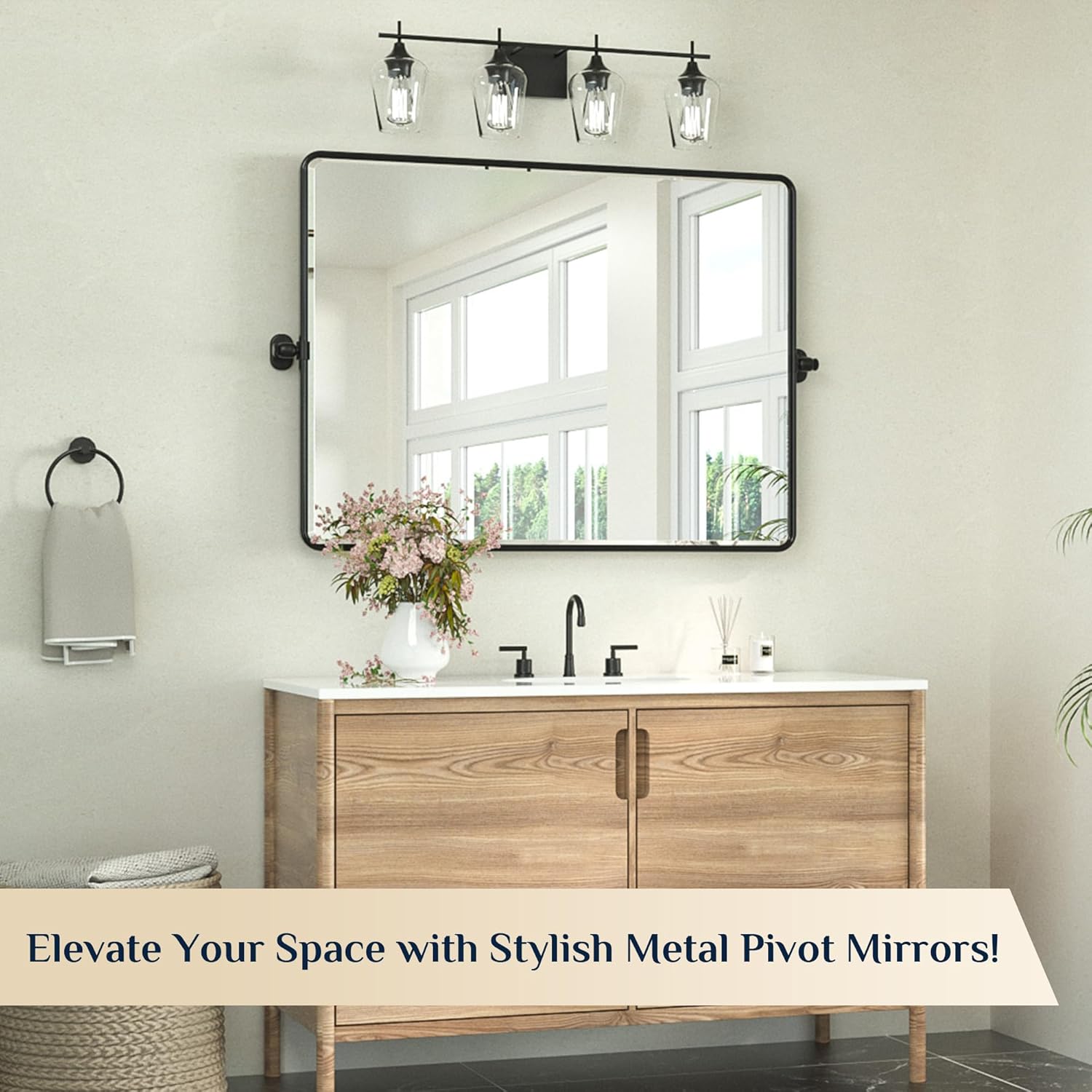 Keonjinn Large Pivot Mirror Bathroom, 40 x 30 Inch Beveled Tilt Mirror Bathroom, Black Metal Framed Mirrors with Rounded Corner, Farmhouse Rectangle Vanity Mirrors for Wall (Horizontal/Vertical)