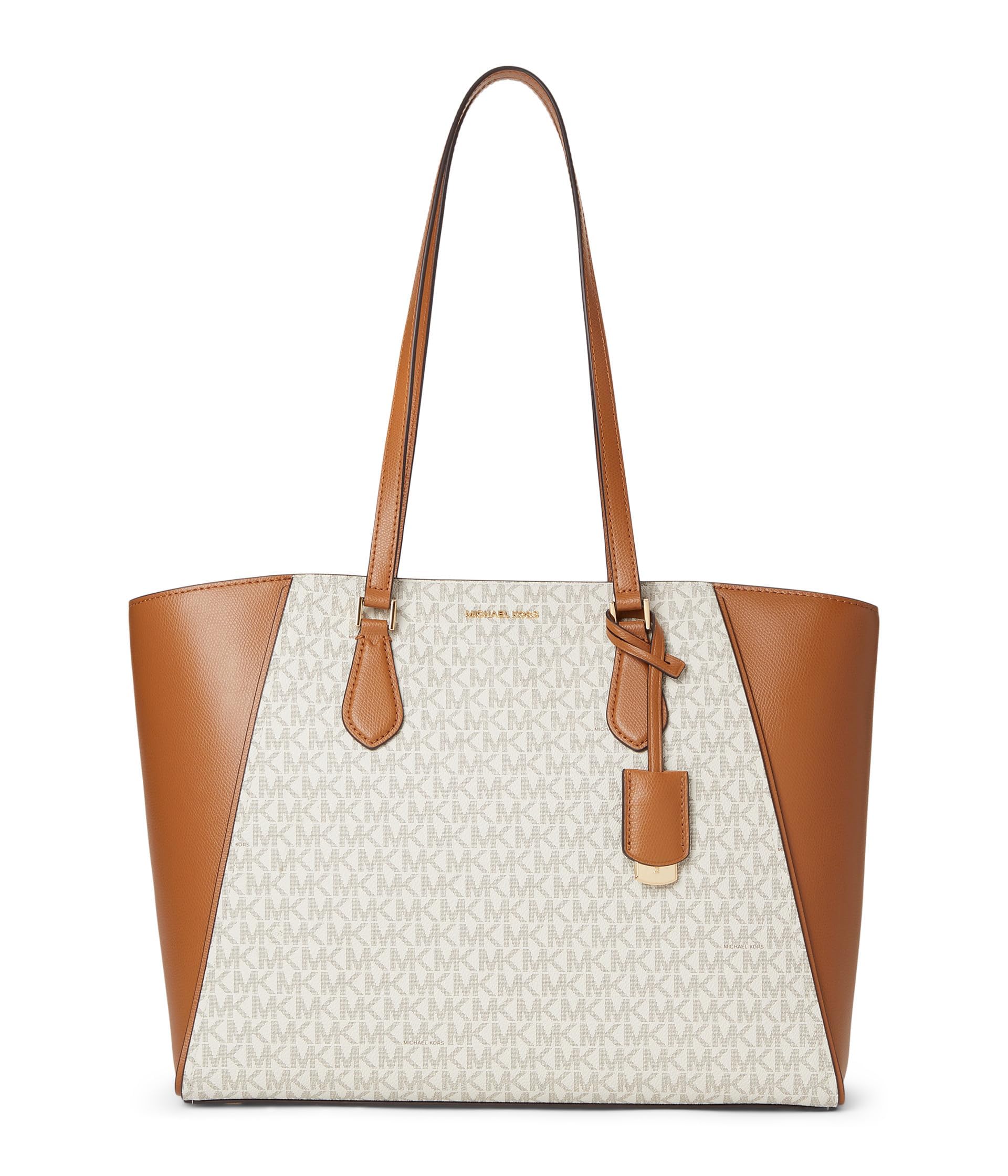 Michael Kors Taryn Large Signature Logo Leather Tote Bag Vanilla/Acorn