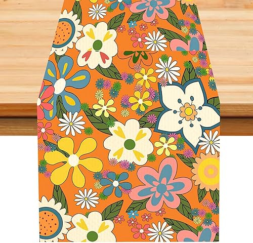 Miniatura 26 de Camino de mesa retro de los años 70, estilo vintage, arte abstracto moderno, verde, bohemio, espiral, ondas, granja, campo, cena, para el hogar,