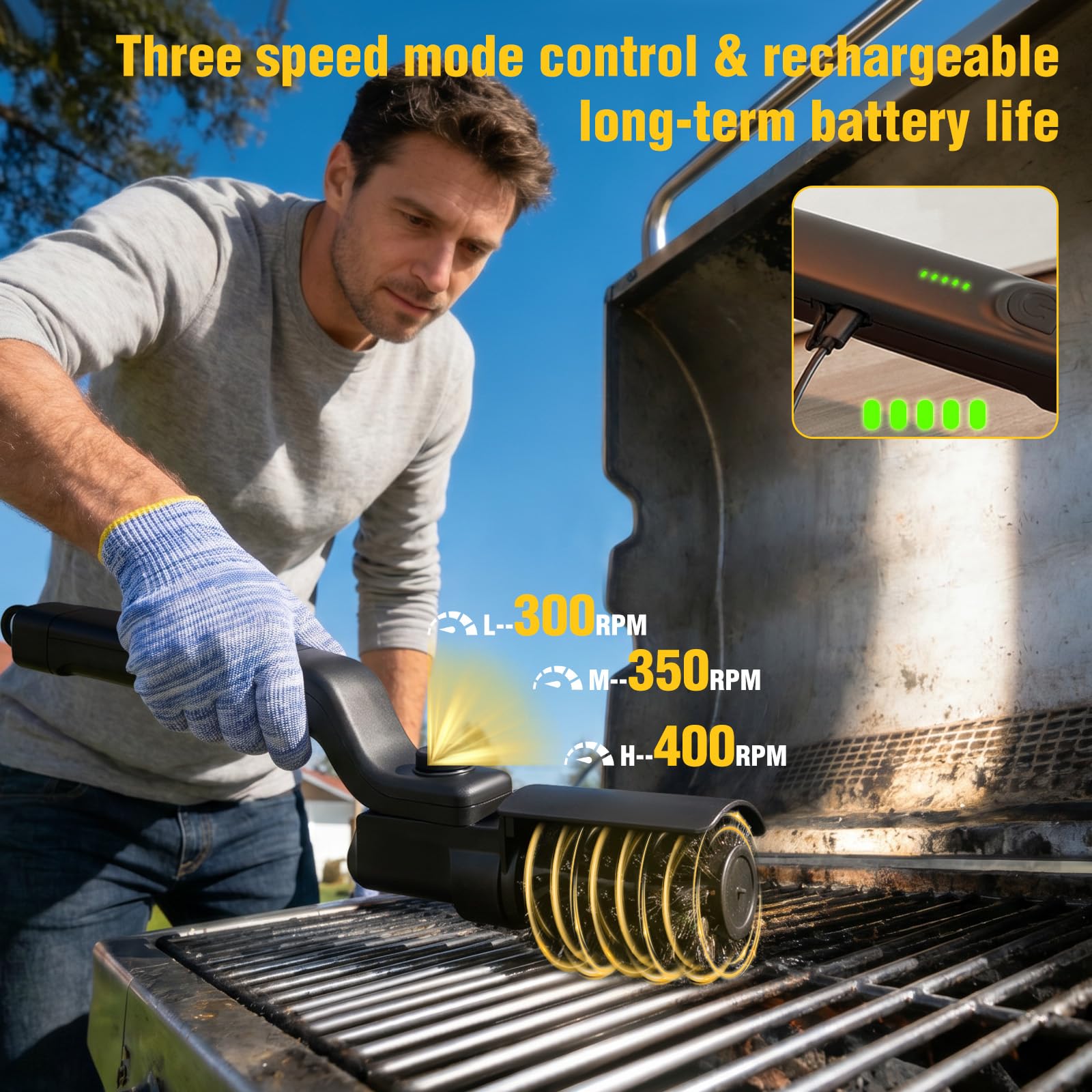 Cepillo Eléctrico para Barbacoa y Limpiador de Parrilla Eléctrica 400RPM, Inalámbrico con 3 Velocidades, Mango Ajustable 180°, Cepillo Eléctrico Limpieza Hogar con 2 Cabezales para Barbacoa Carbón
