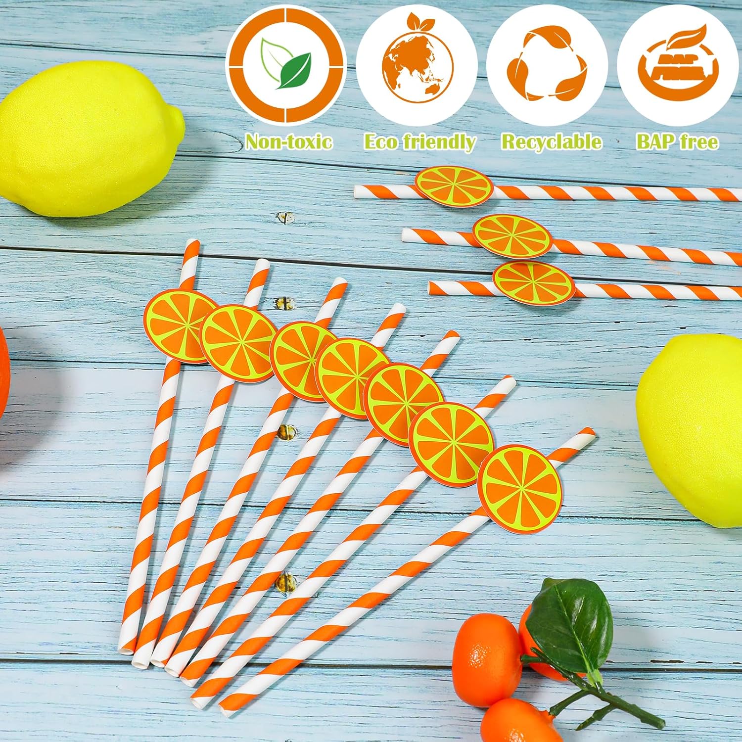 Disposable Lemon Straws, Cute Oange Striped Patterned Drinking Straws Paper Straw for Cocktail, Milkshake, Coffee, Lemonade Stand Supplies Lemon Themed Party Supplies - Set of 30 - Image 2
