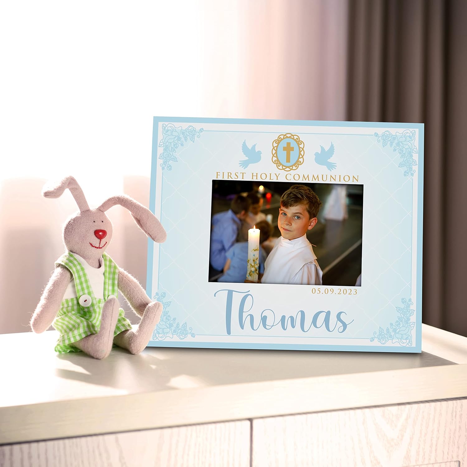 First Communion Gifts For Girls, Personalized 1st Holy Communion Picture Frame with Name & Date - 2 Orientations For 4x6 & 5x7 Photos, D5
