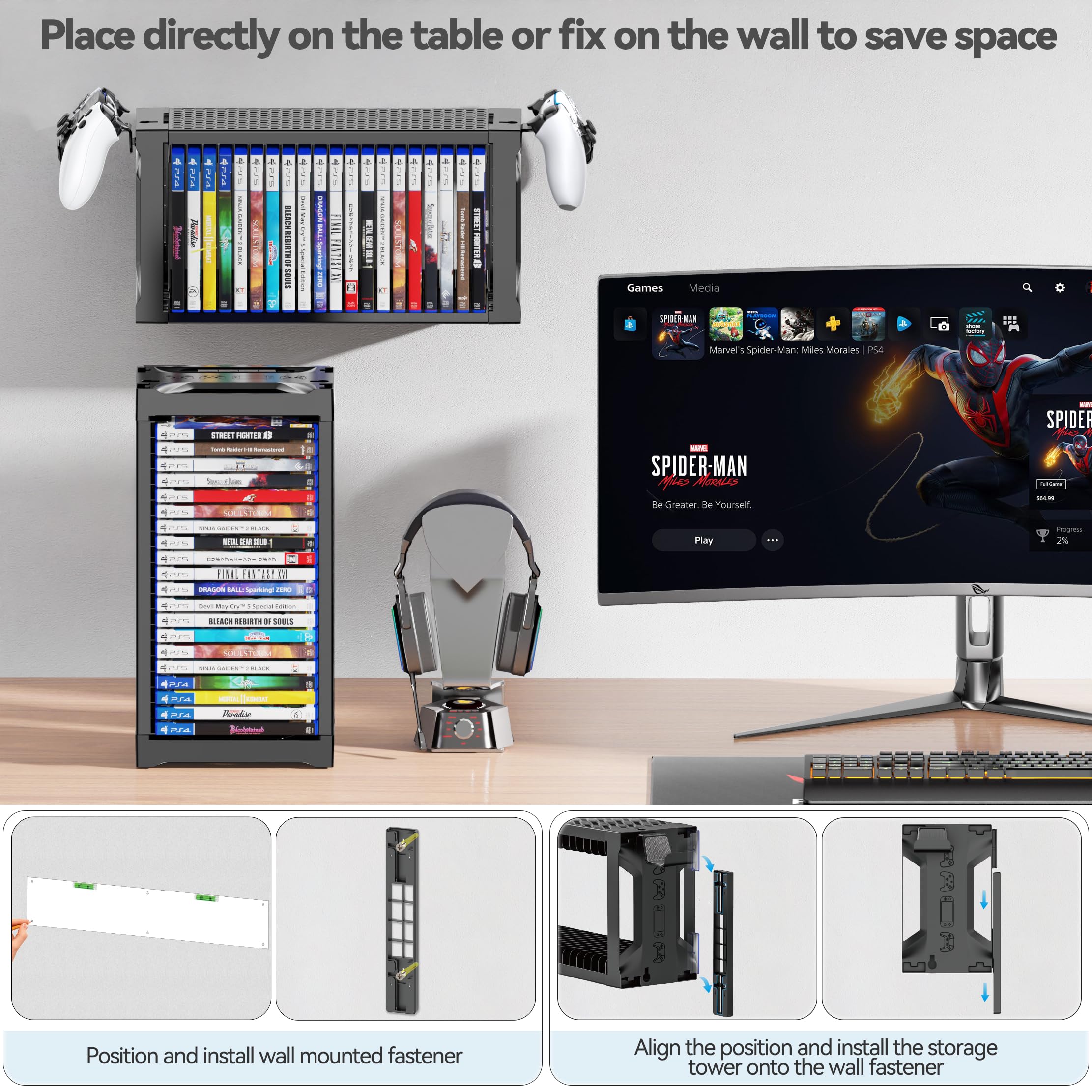 Supporto a Torre per 20 Dischi Videogiochi con Support Controller, Organizer Parete per Switch 2/PS5/PS4/Xbox One/Series