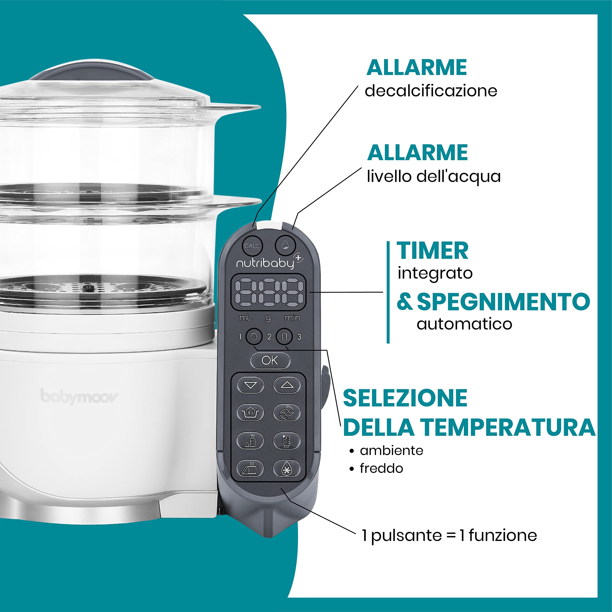 Babymoov Nutribaby+ Cuocipappa Multifunzione 6 in 1 Cuocivapore Frullatore Grande Capacità Bianco