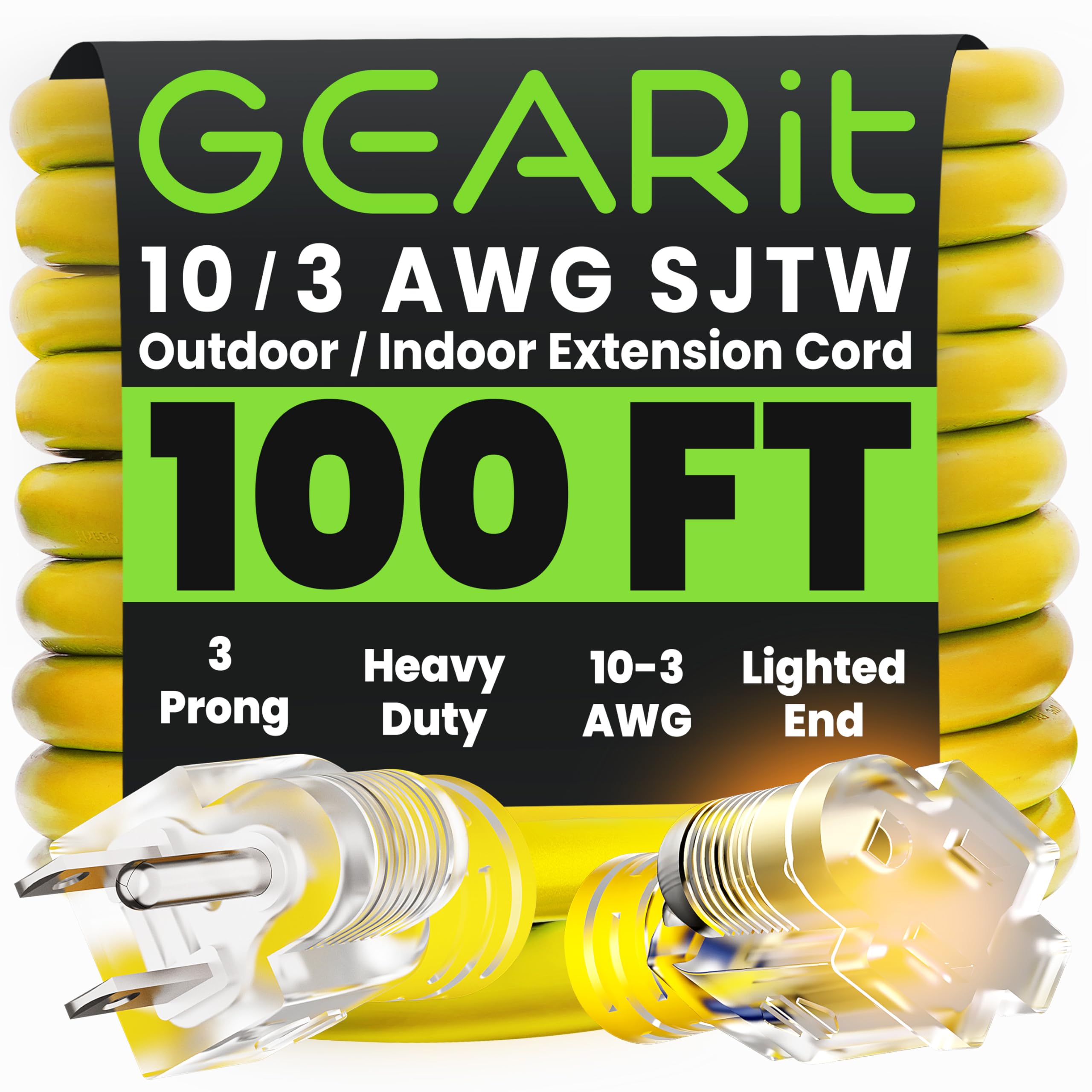 GEARit 100 Ft Extension Cords 10/3 Gauge Outdoor/Indoor SJTW 10 AWG 3 Prong