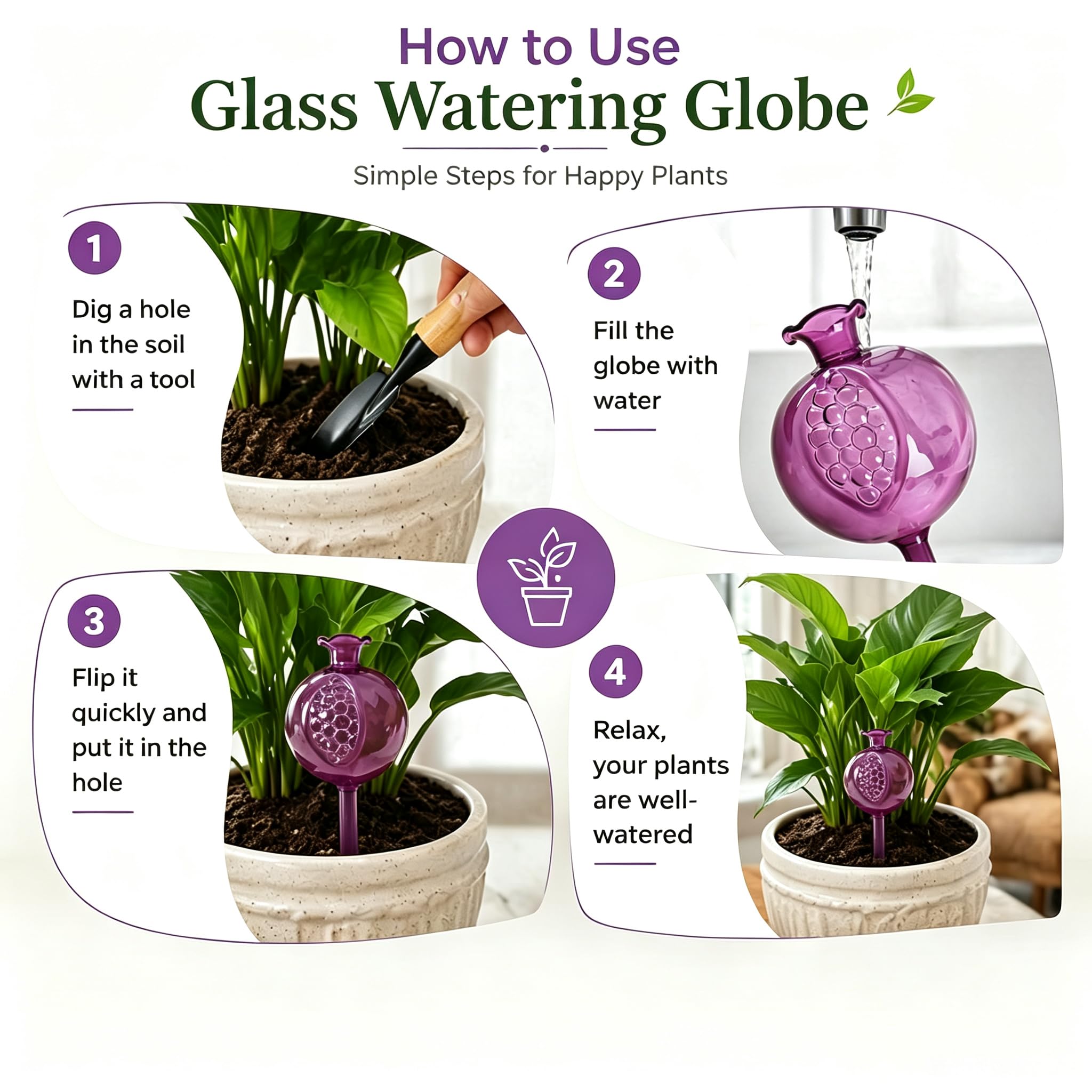 Lot de 3 globes d'arrosage automatique en verre violet en forme de grenade, arroseur automatique pour plantes d'intérieur pendant 5 à 7 jours, globes d'arrosage réglables en verre pour