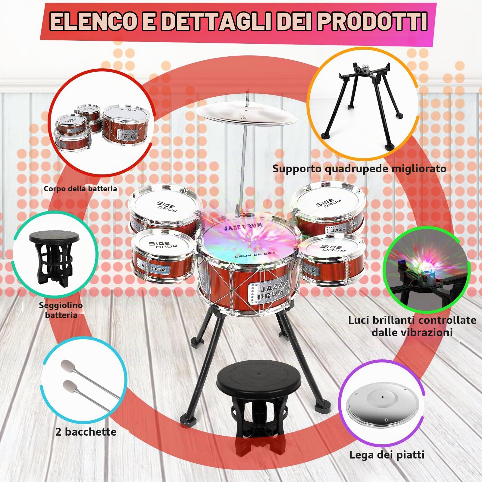 m zimoon Batteria per bambini dai 3 ai 6 anni con luce, giocattoli per bambini Jazz Set di batteria per bambini, strumenti musicali 5 tamburi giocattolo con sgabello, giocattoli sensoriali Mini Band
