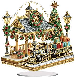 BAYUNOE DIY Diamond Art Painting Desktop Ornament Christmas Special Shaped Crystal Diamond Art Decorated Tabletop Ornaments Handmade Single Sided Diamond Home Decor-Christmas Train Platform