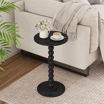 Round Side Table, Small Drink Table for Small Spaces, Pedestal End Table for Living Room, Modern Accent Nightstand with Solid Wood Leg for Bedroom, Corners and Office Black Color UTBT005B