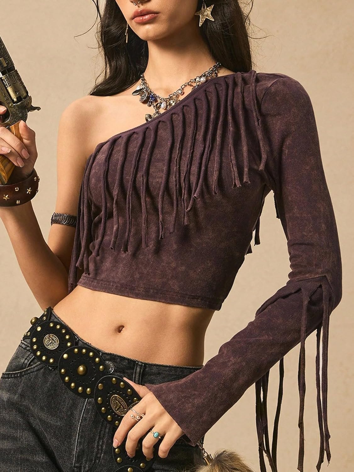 SHENHE Women's Fringe Shirts One Shoulder Crop Top Boho Tassel Long Sleeve Tops - Image 3