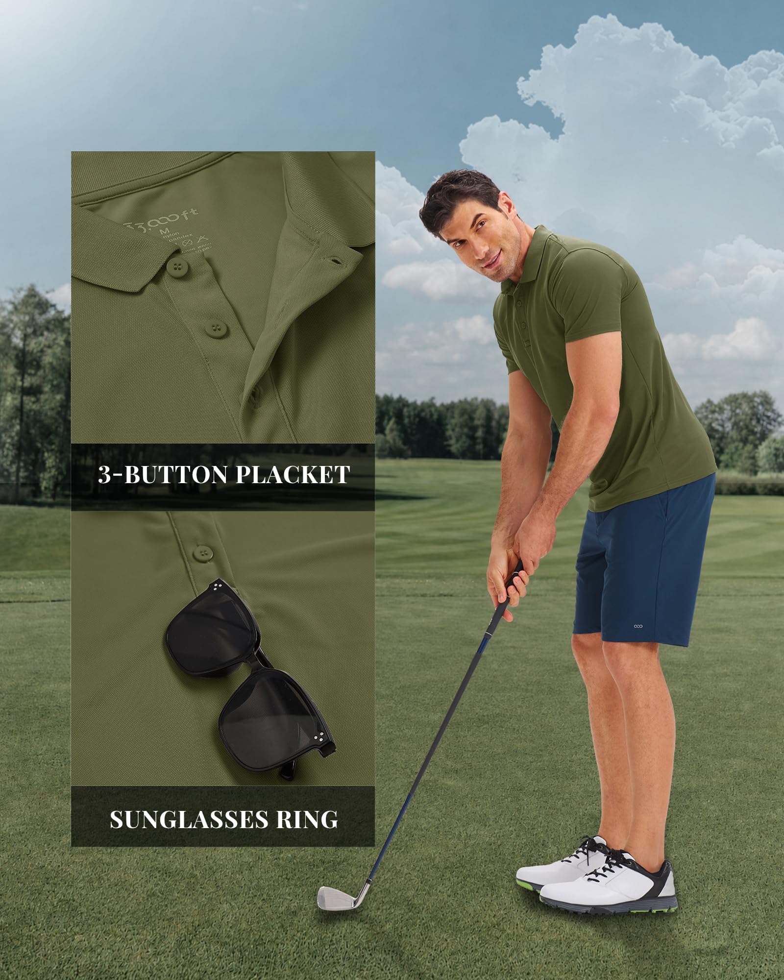 33,000ft Polo de manga corta para hombre, polo de golf, absorbe la humedad, secado rápido, deportes al aire libre, atléticos, tenis