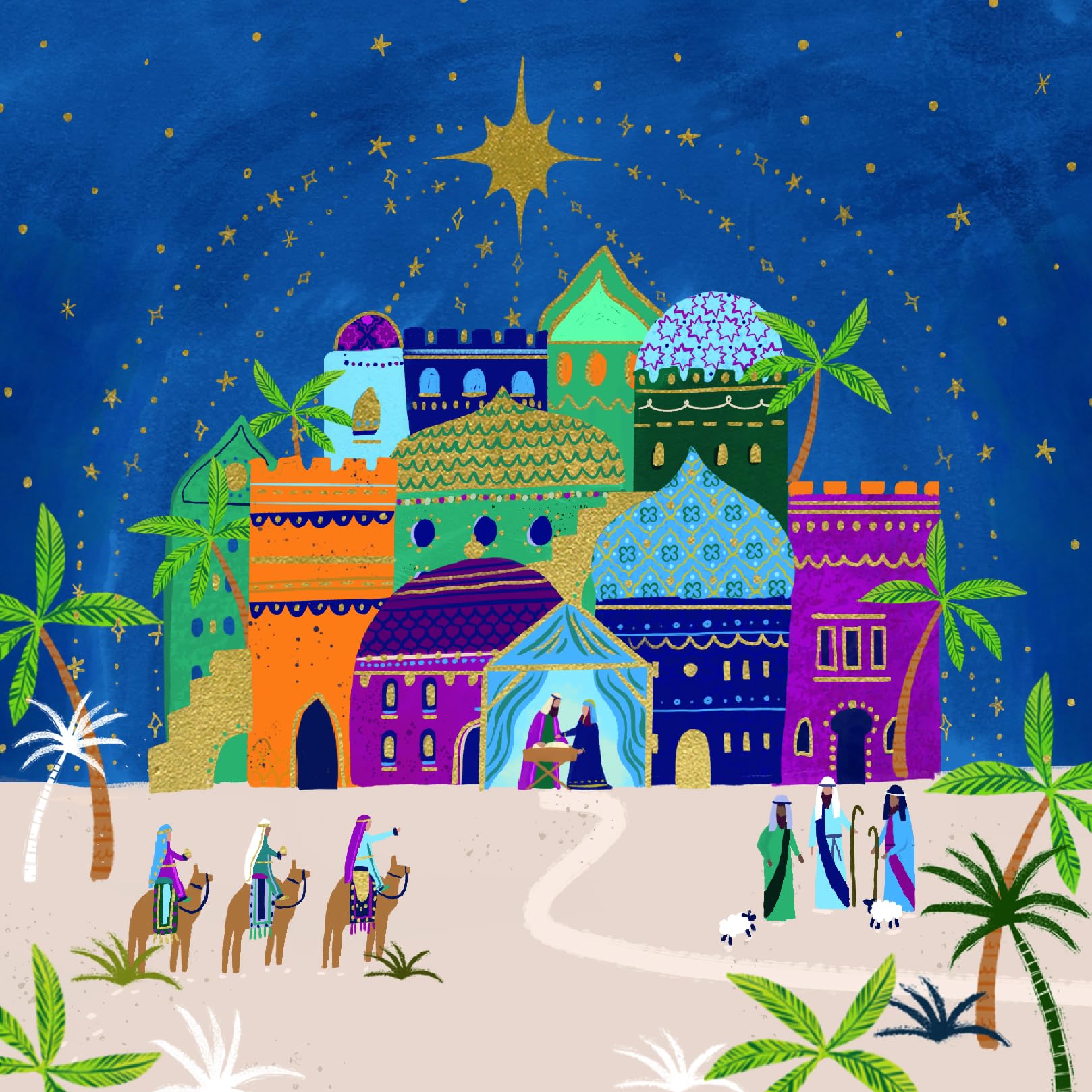 Traditional Religious Art Charity Christmas Cards - Premium Board - Eco-Friendly - Pack of 6 Cards with Envelopes (Three Kings Arriving at Bethlehem)