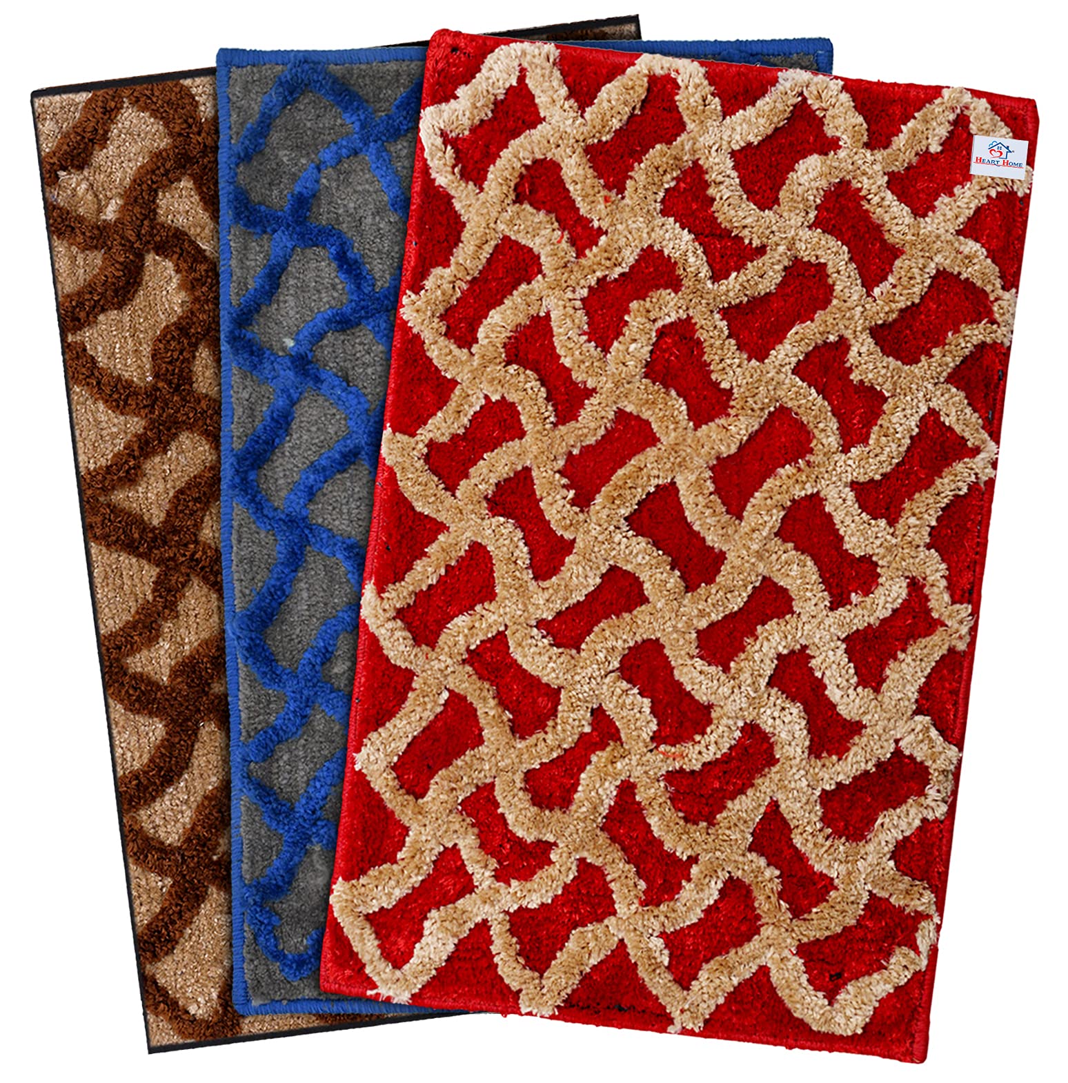 Heart Home Soft, Lightweigth, Washable, Non Slip Doormat Entrance Rug Dirt Trapper Mat Shoes Scraper for Entry, Patio, Porch- Pack of 3 (Brown & Blue & Red)