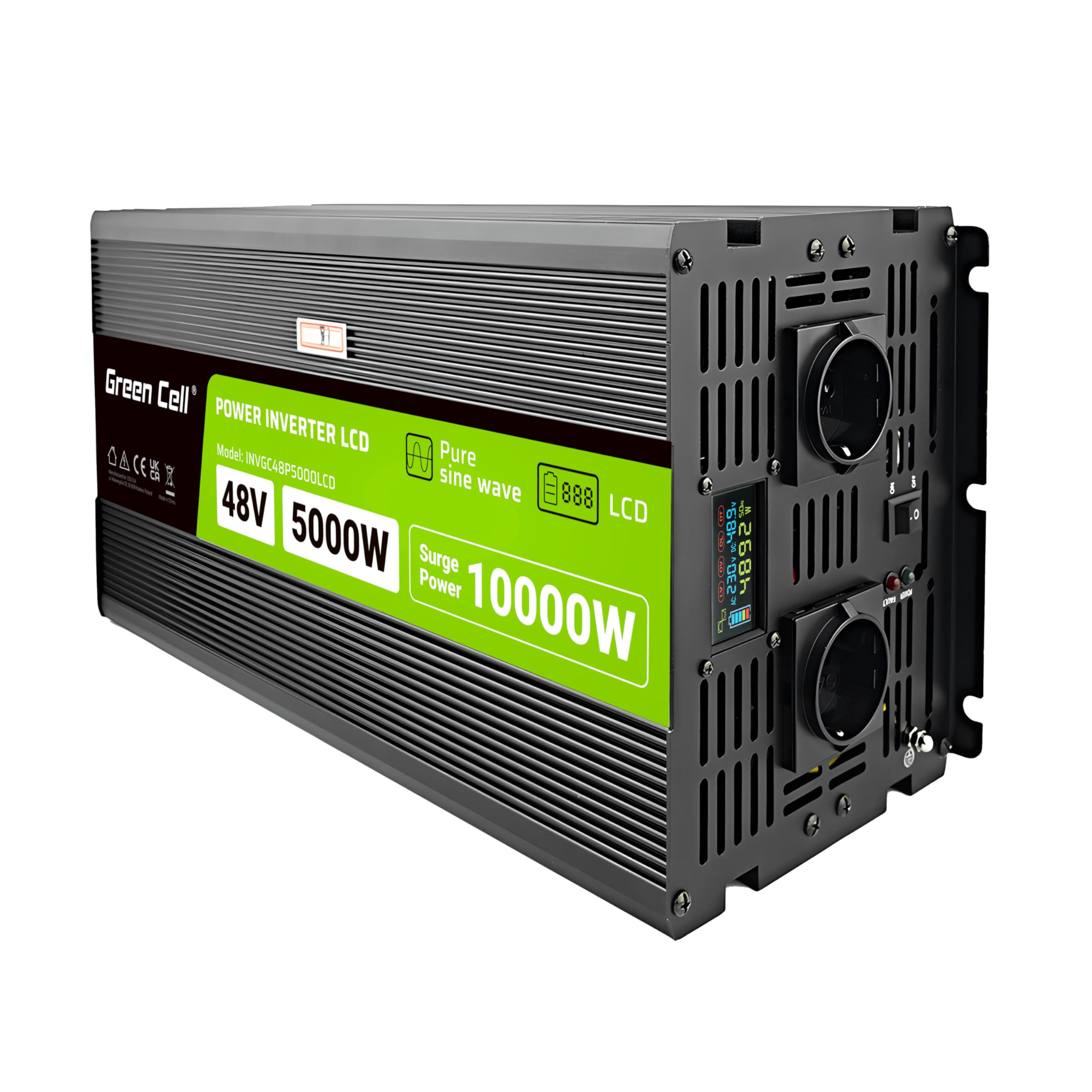 Green Cell LCD Spannungswandler 5000W/10000W 48V auf 230V Reiner Sinus Volt Spannungswandler Wechselrichter Konverter Pure Sine Wave Power PowerInverter DC AC Umwandler Stromwandler Wohnwagen Auto