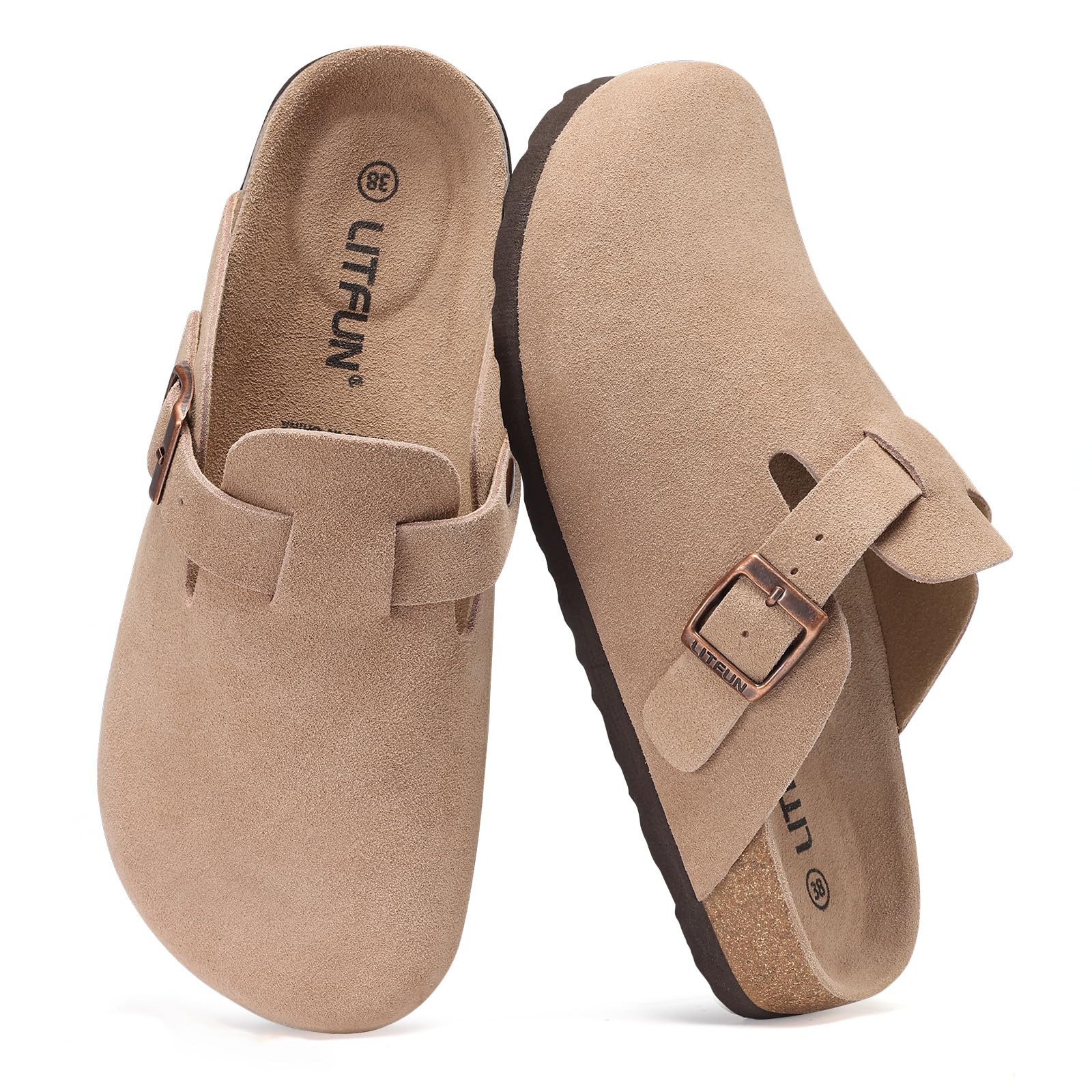 Litfun Women's Genuine Suede Clogs Soft Footbed Leather Potato Shoes Comfort Slip On Clogs with Arch Support